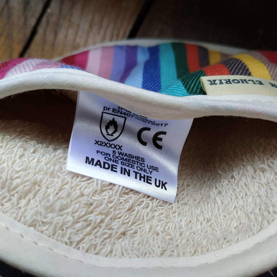 Rainbow pot grab, premium round oven glove, best-selling heat-resistant handcrafted UK kitchen accessory by Maison Elhoria at brixbailey.com