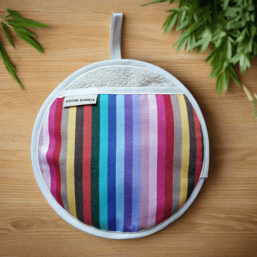 Rainbow pot grab, round oven glove, best-selling heat-resistant handcrafted UK kitchen accessory for hot pots and pans by Maison Elhoria at brixbailey.com