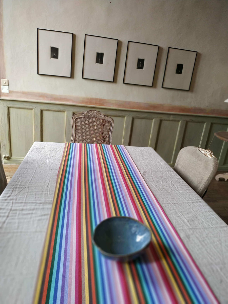 Luxury rainbow table runner, premium 100% cotton, handcrafted in England, stylish 2.5m long, best-selling party decor by Maison Elhoria at brixbailey.com