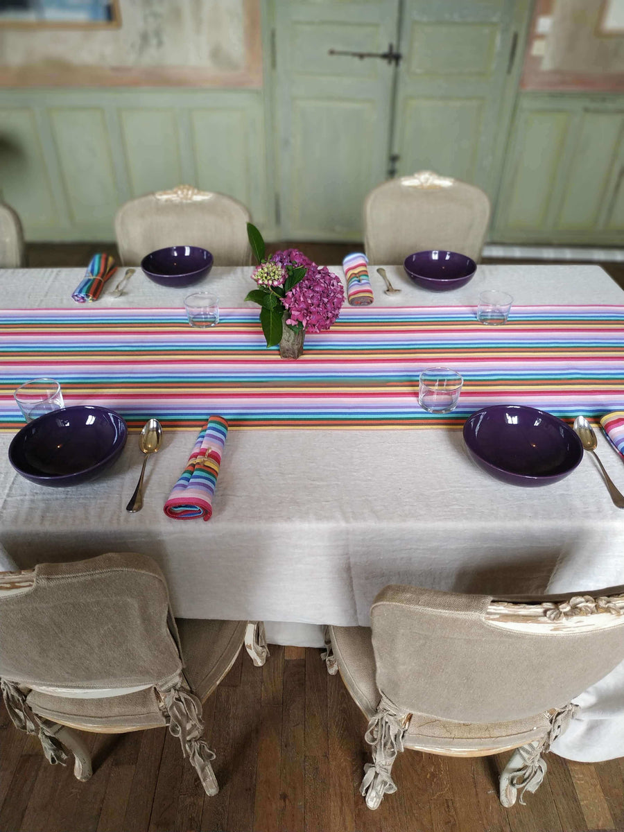 Luxury rainbow cotton table runner, 2.5m long, handcrafted in England from recycled organic yarns, stylish party decor by Maison Elhoria at brixbailey.com