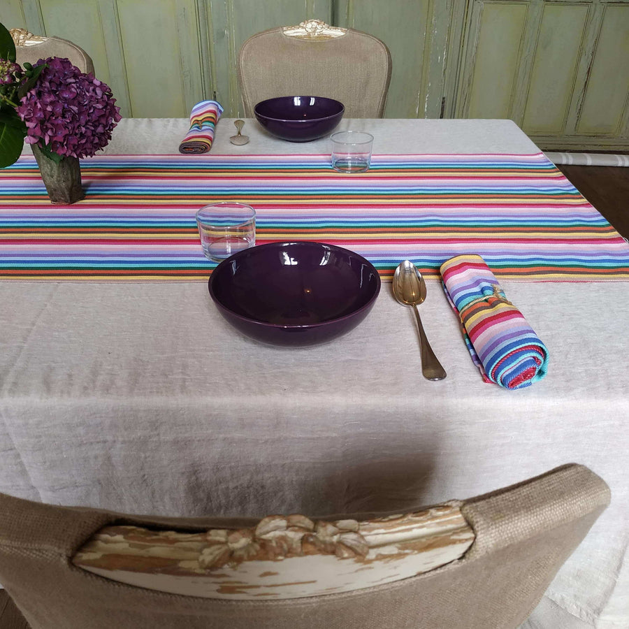 Premium rainbow table runner, 100% cotton recycled organic yarn, handcrafted in England, stylish 2.5m long party decor by Maison Elhoria at brixbailey.com