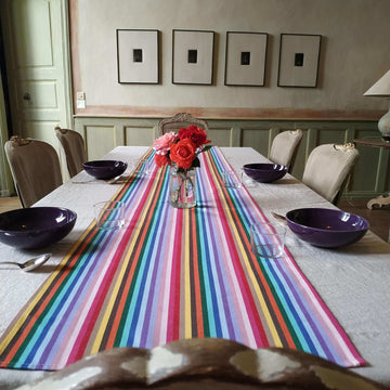 Luxury rainbow table runner, 100% recycled organic cotton, handcrafted in England, stylish 2.5m long party decor by Maison Elhoria at brixbailey.com