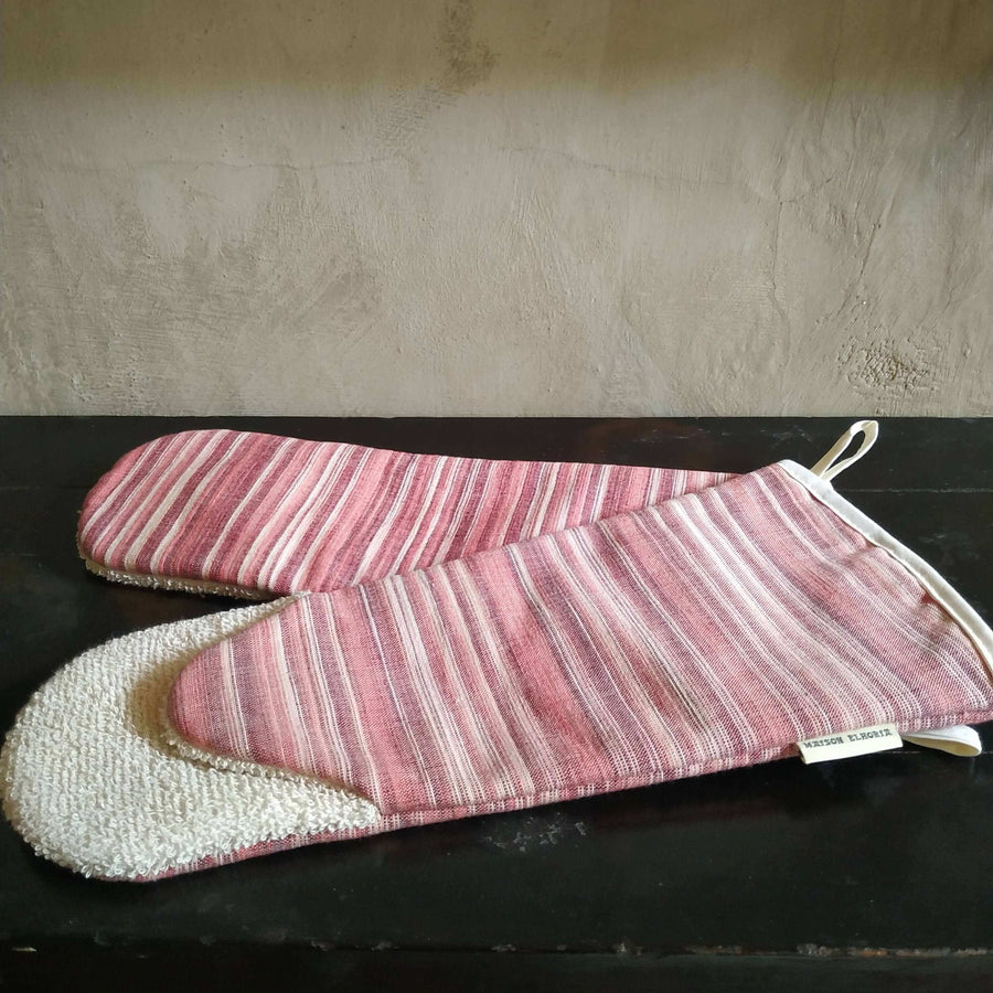 Premium long oven glove, luxury heavy weight cotton with red and natural stripes, handcrafted UK limited edition by Maison Elhoria at brixbailey.com
