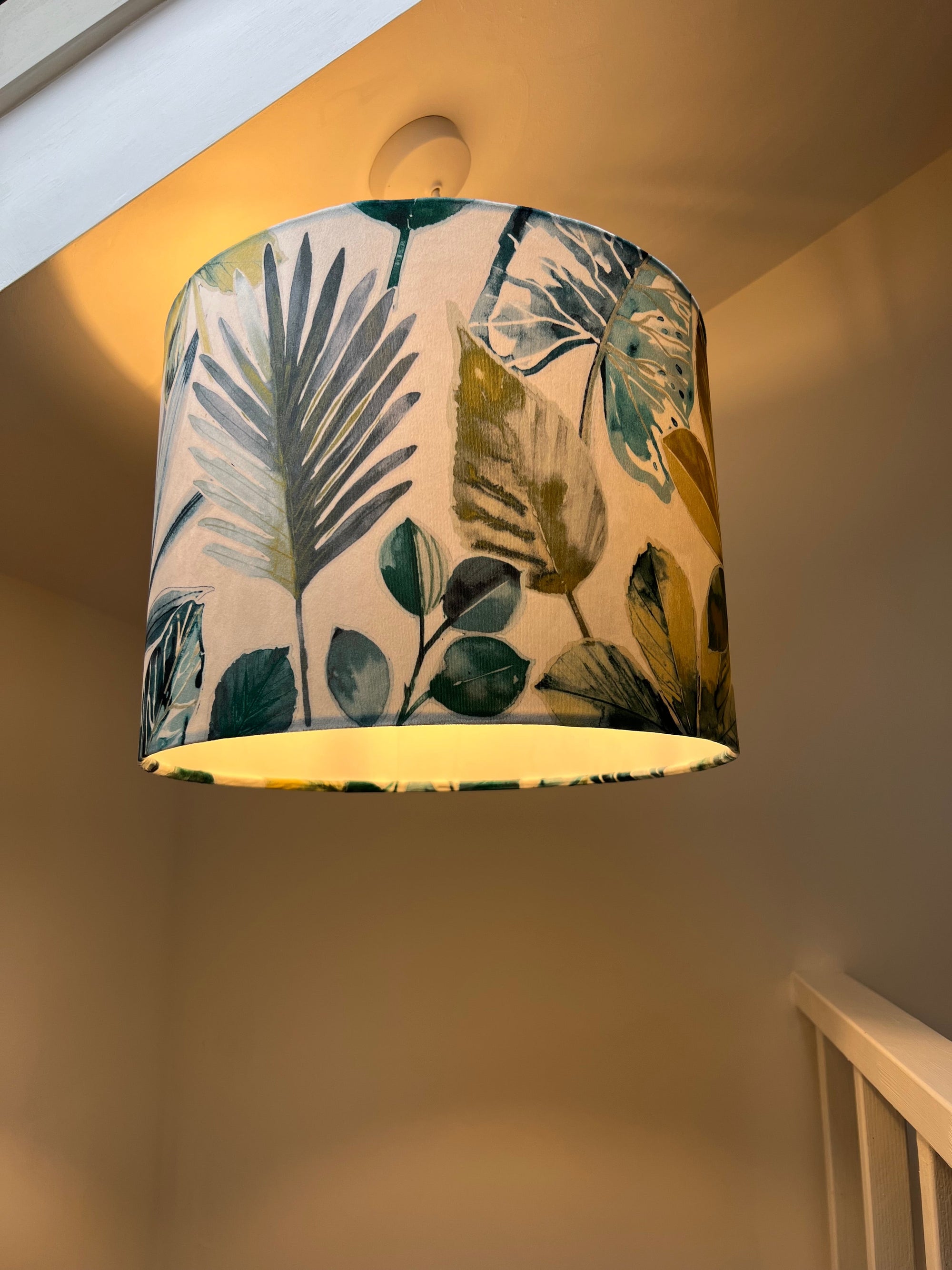 Rainforest velvet in green and blue, drum lampshade /ceiling shade with a white lining