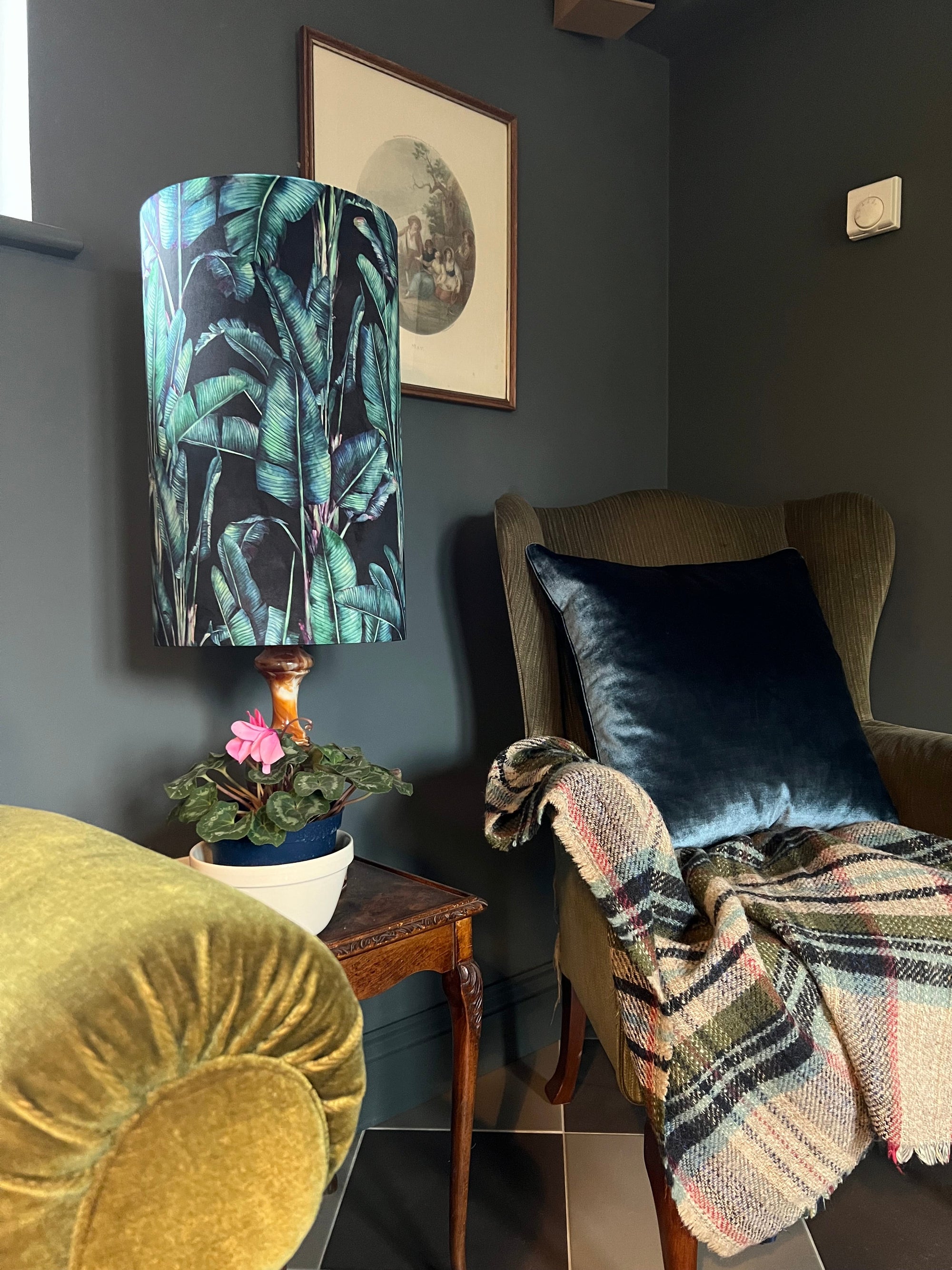 Leaves Velvet cylinder lampshade, in black, extra tall lampshade