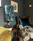 Leaves Velvet cylinder lampshade, in black, extra tall lampshade