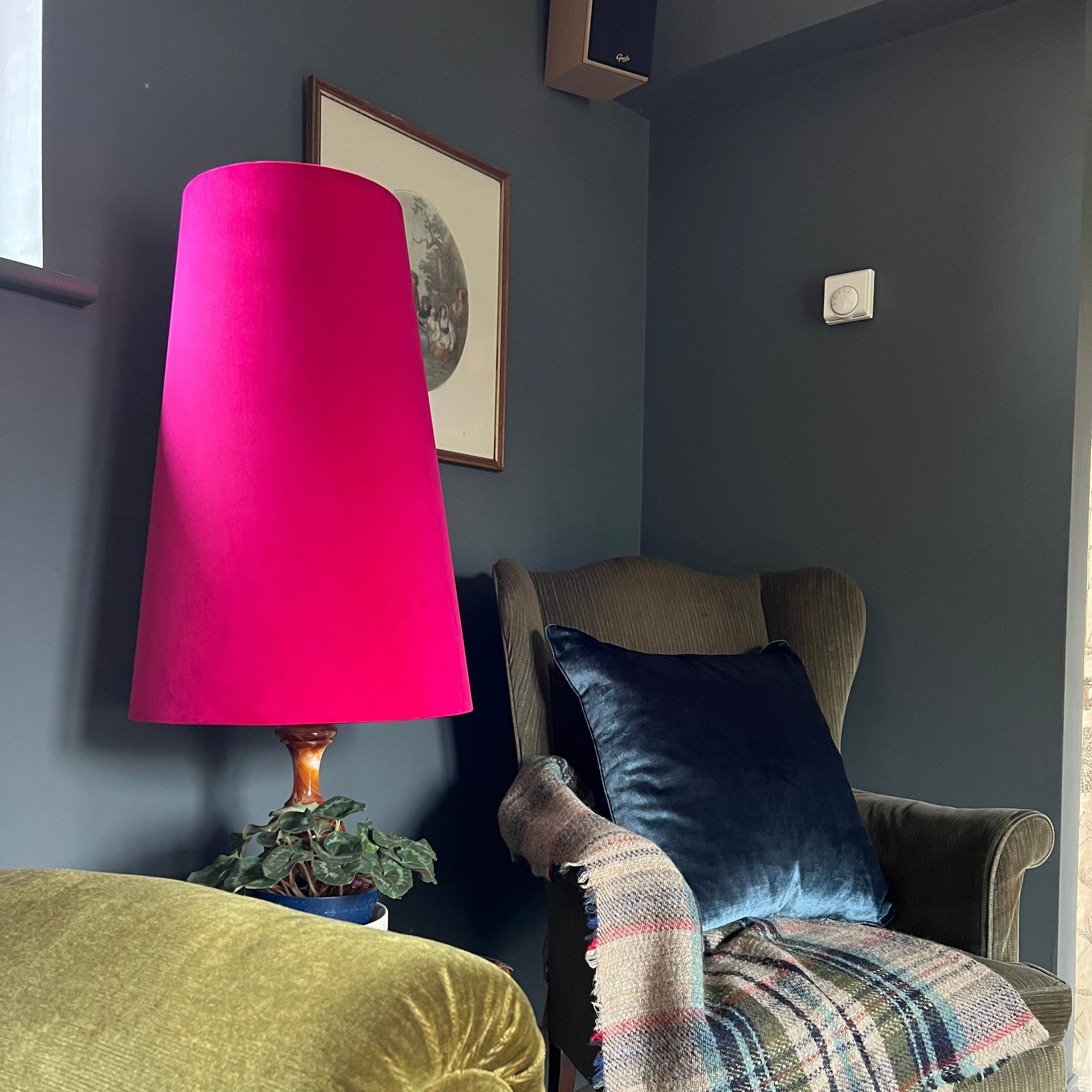 Cerise Pink Velvet Lampshade | Extra Tall Cone Light Shade | Bespoke Handmade UK