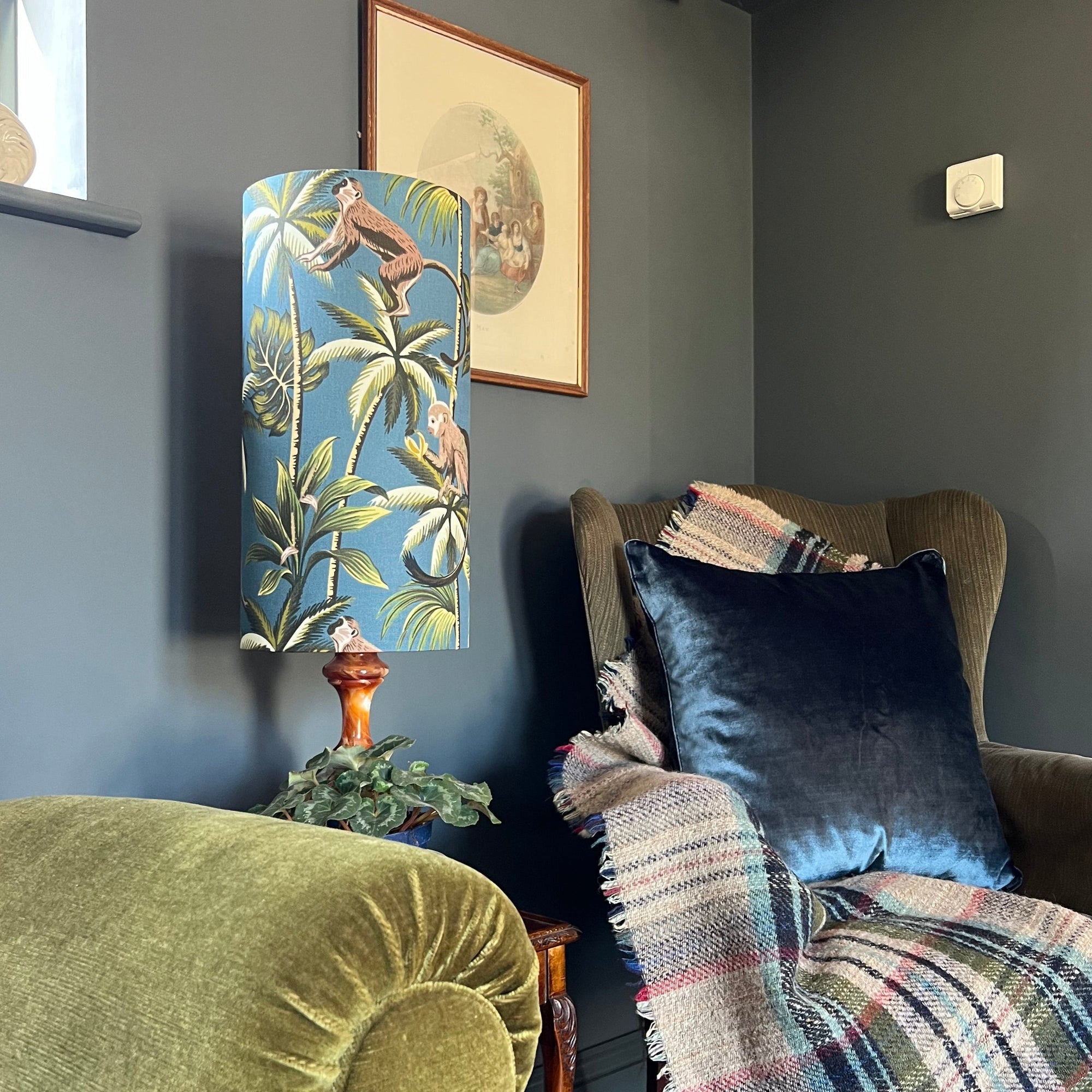 Jungle Monkey Teal Cotton Lampshade | Extra Tall Cylinder Ceiling Light Shade | Bespoke Handmade UK