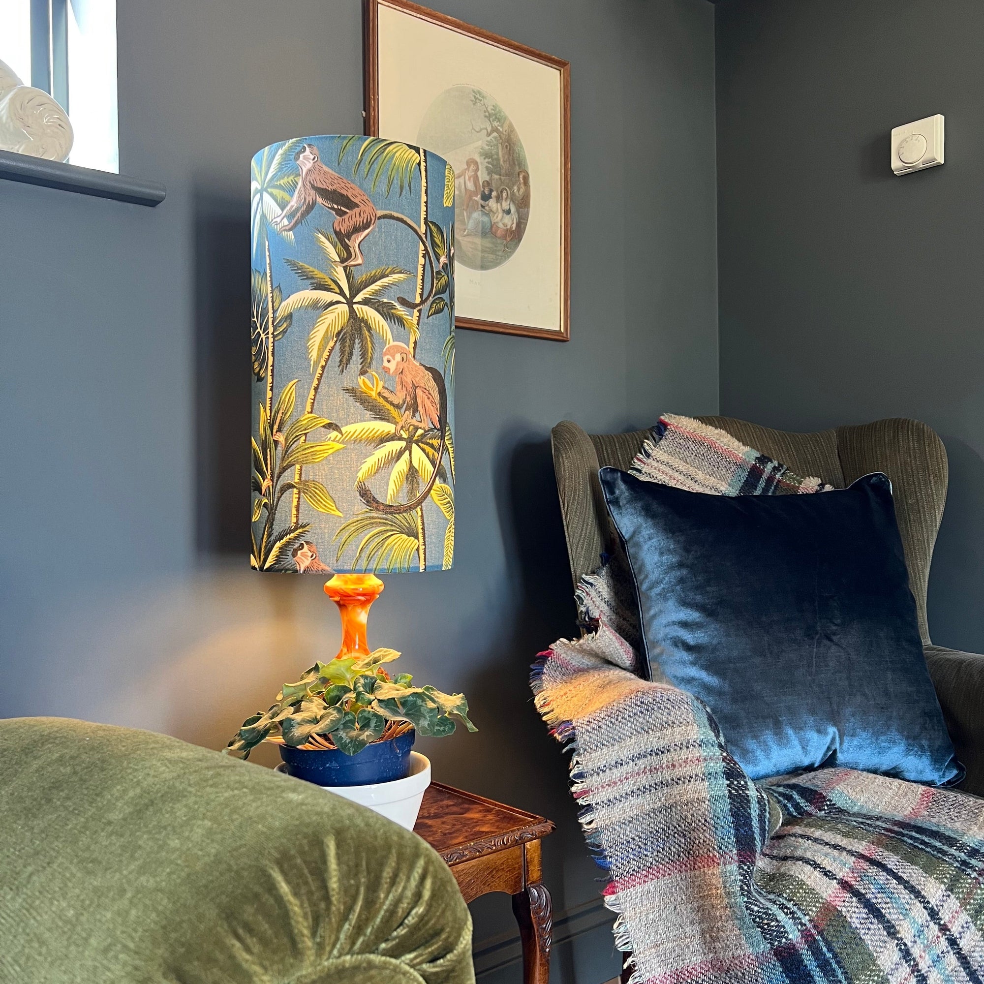 Jungle Monkey Teal Cotton Lampshade | Extra Tall Cylinder Ceiling Light Shade | Bespoke Handmade UK