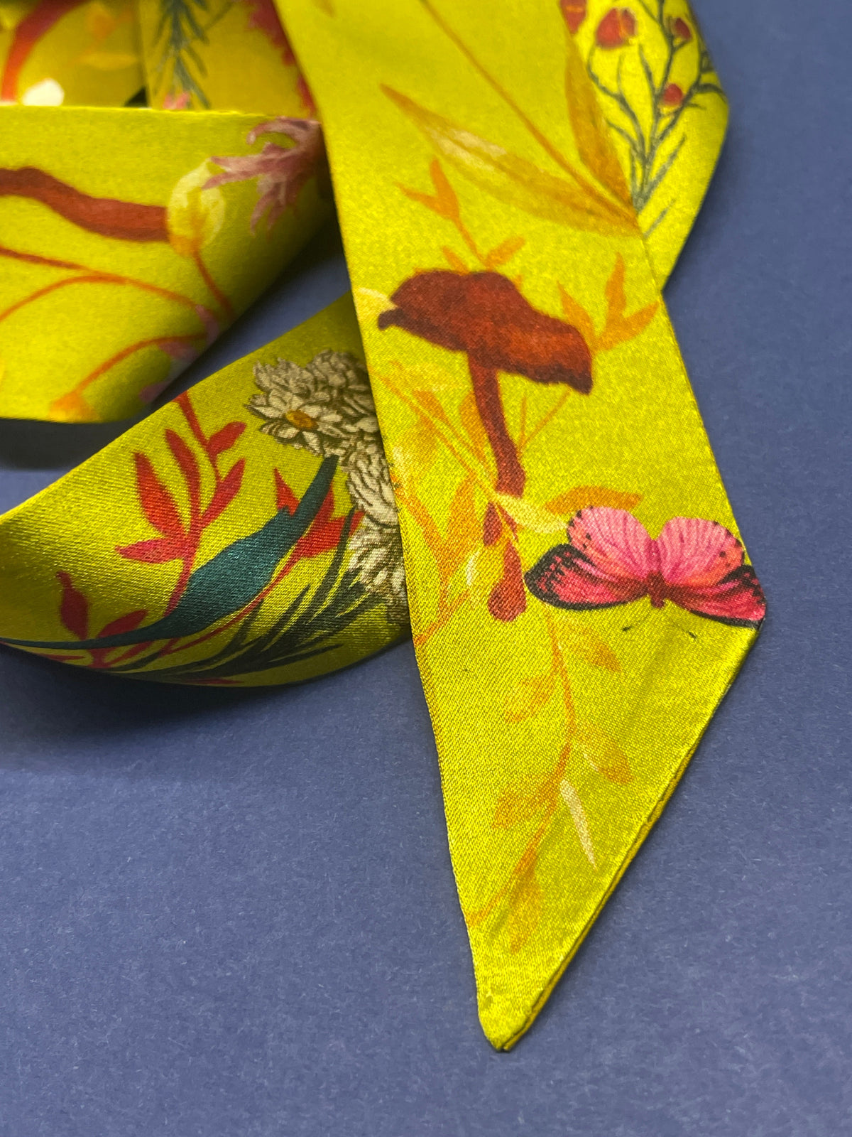 Ochre yellow Silk satin 'Helios' Ultra Skinny silk scarf with mushrooms and sunflowers