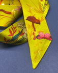 Ochre yellow Silk satin 'Helios' Ultra Skinny silk scarf with mushrooms and sunflowers