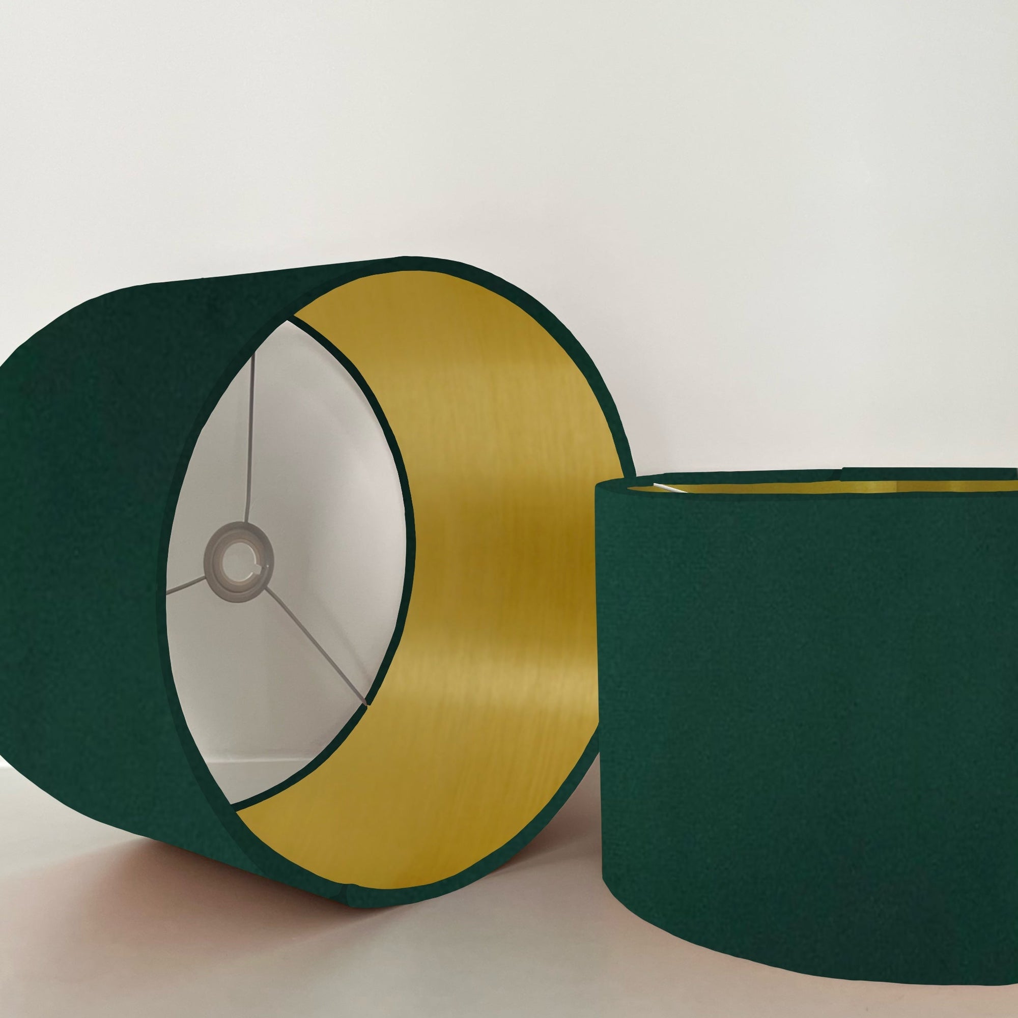 Green velvet drum lampshade/ ceiling shade with a metallic brushed gold lining