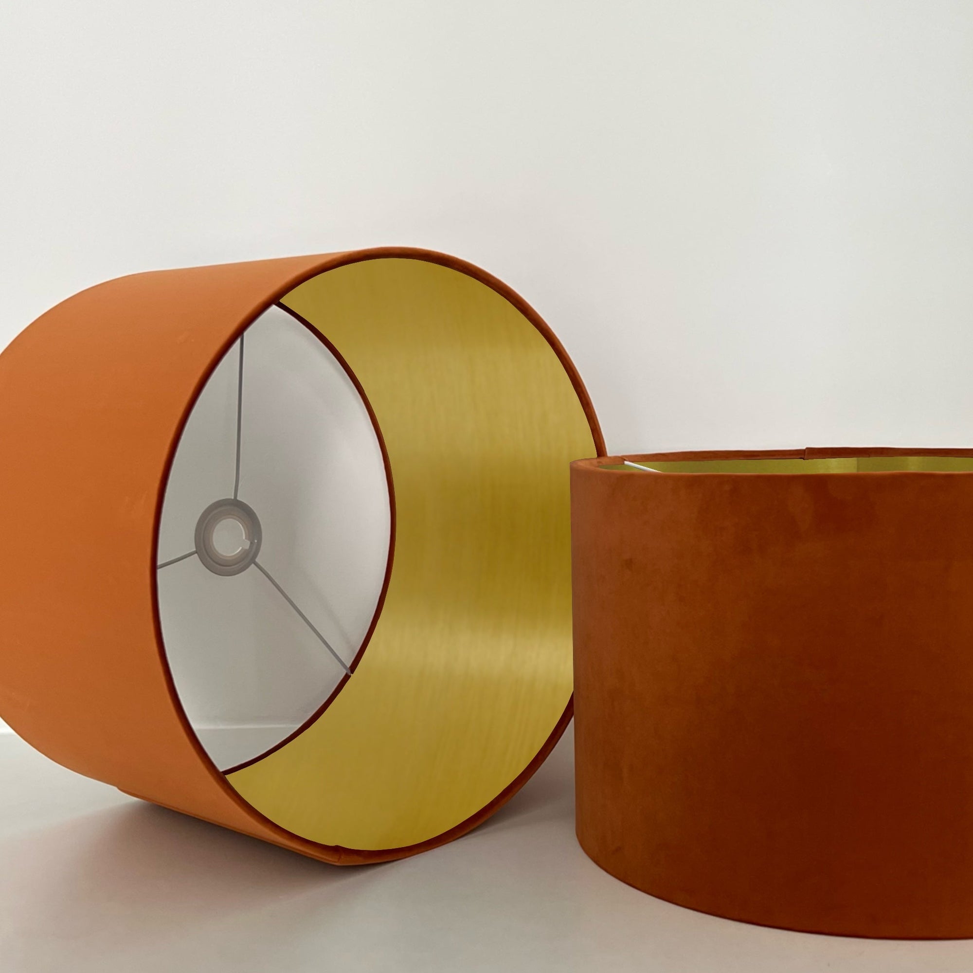 Burnt Orange velvet drum lampshade/ ceiling shade with a metallic brushed gold lining