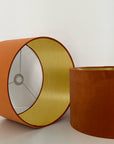 Burnt Orange velvet drum lampshade/ ceiling shade with a metallic brushed gold lining