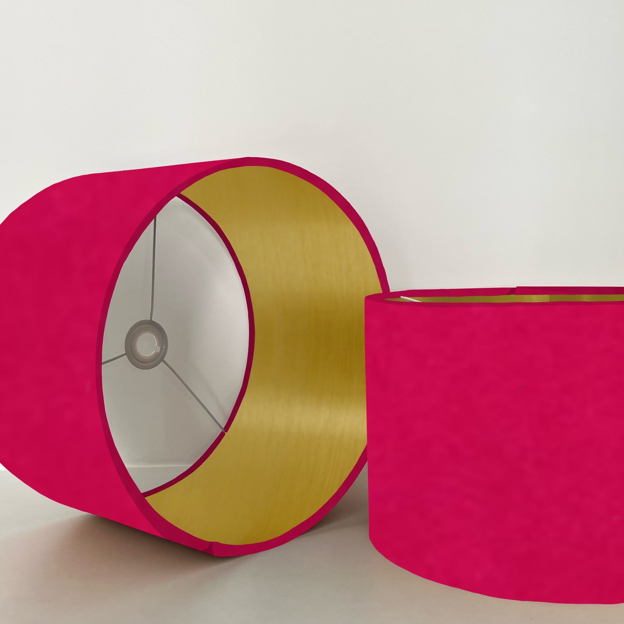 Cerise pink velvet drum lampshade/ ceiling shade with a metallic brushed gold lining