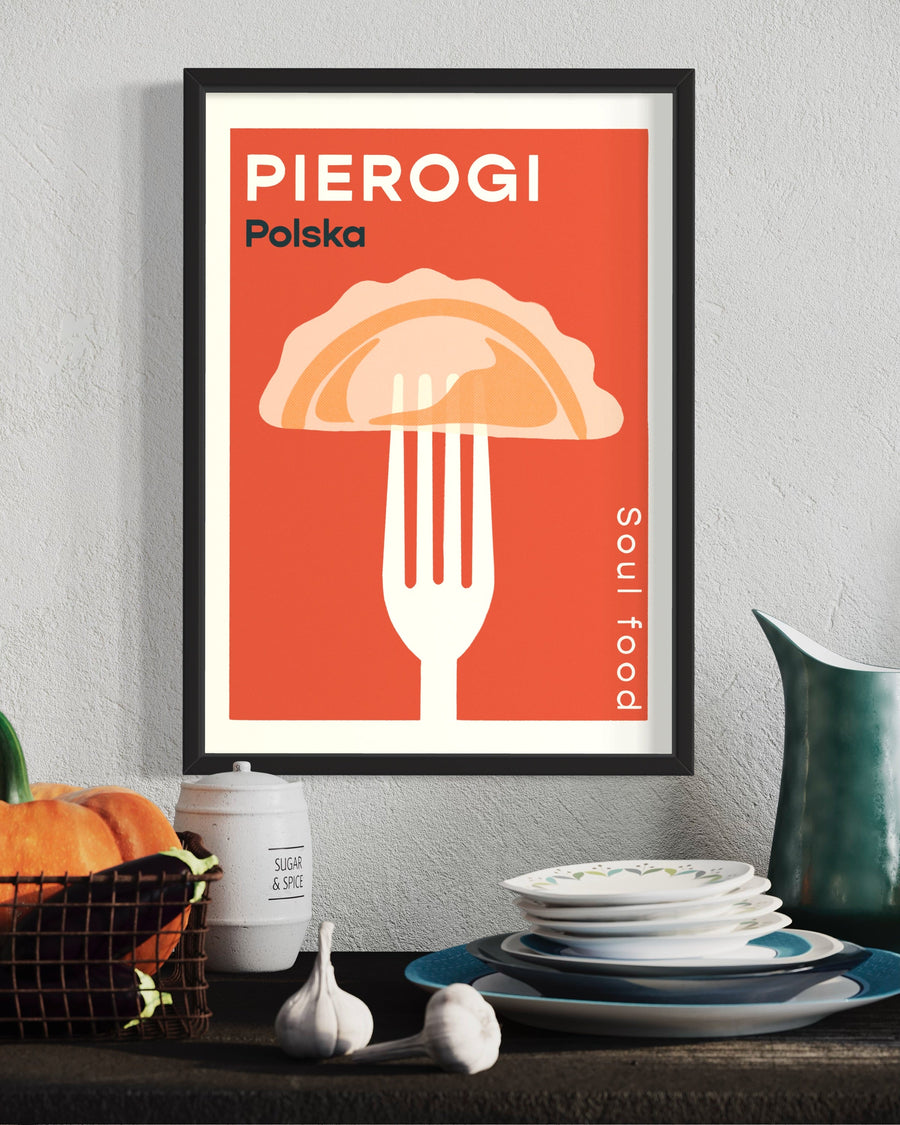 Premium Pierogi Retro Polish Food Poster, luxury high-quality print on 230gsm paper, framed options available in black white oak by Little Egret Design at brixbailey.com