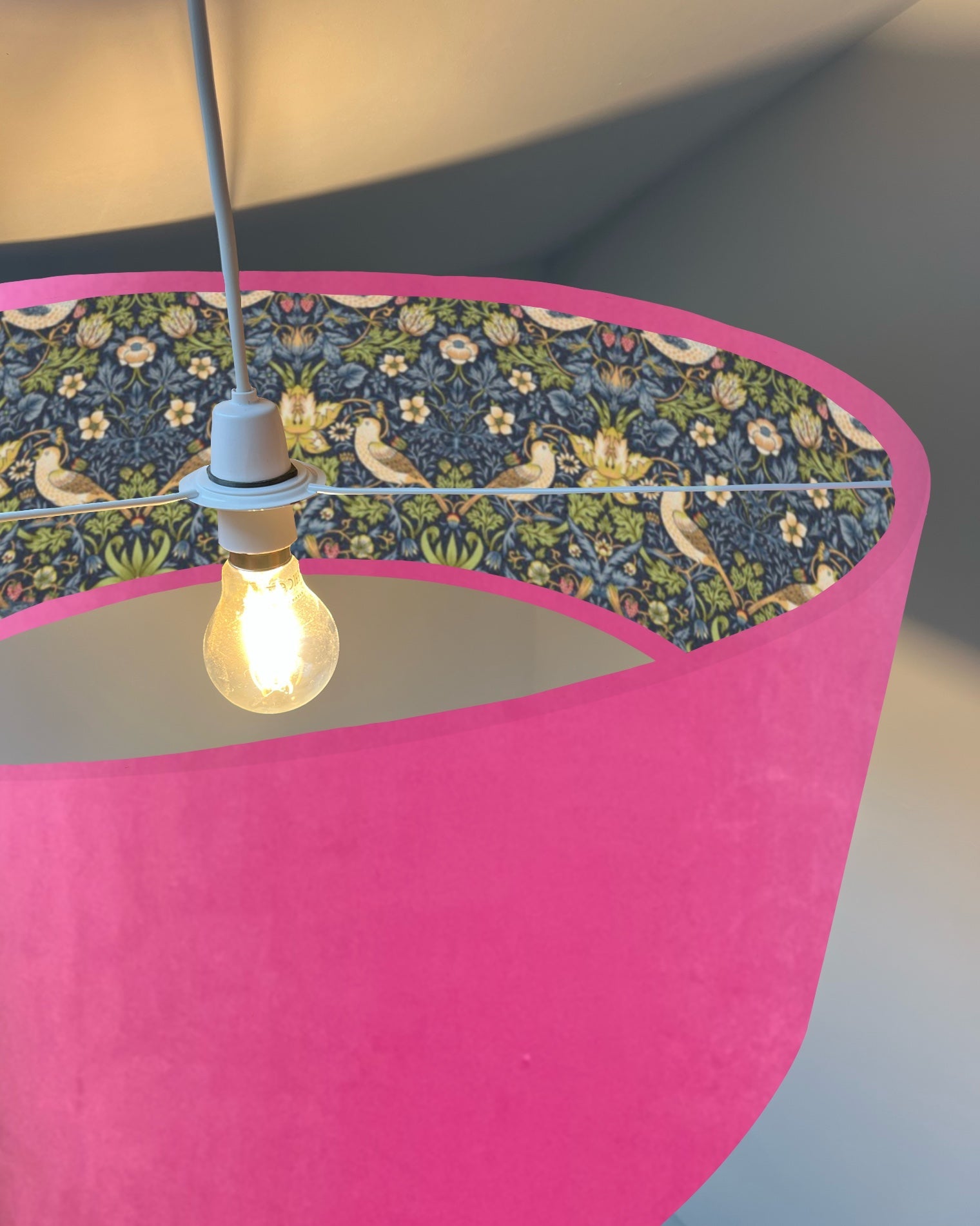 Hot Pink Velvet &amp; Navy Strawberry Thief Double Sided Drum Lampshade | Handmade Ceiling Light Shade | Bespoke UK