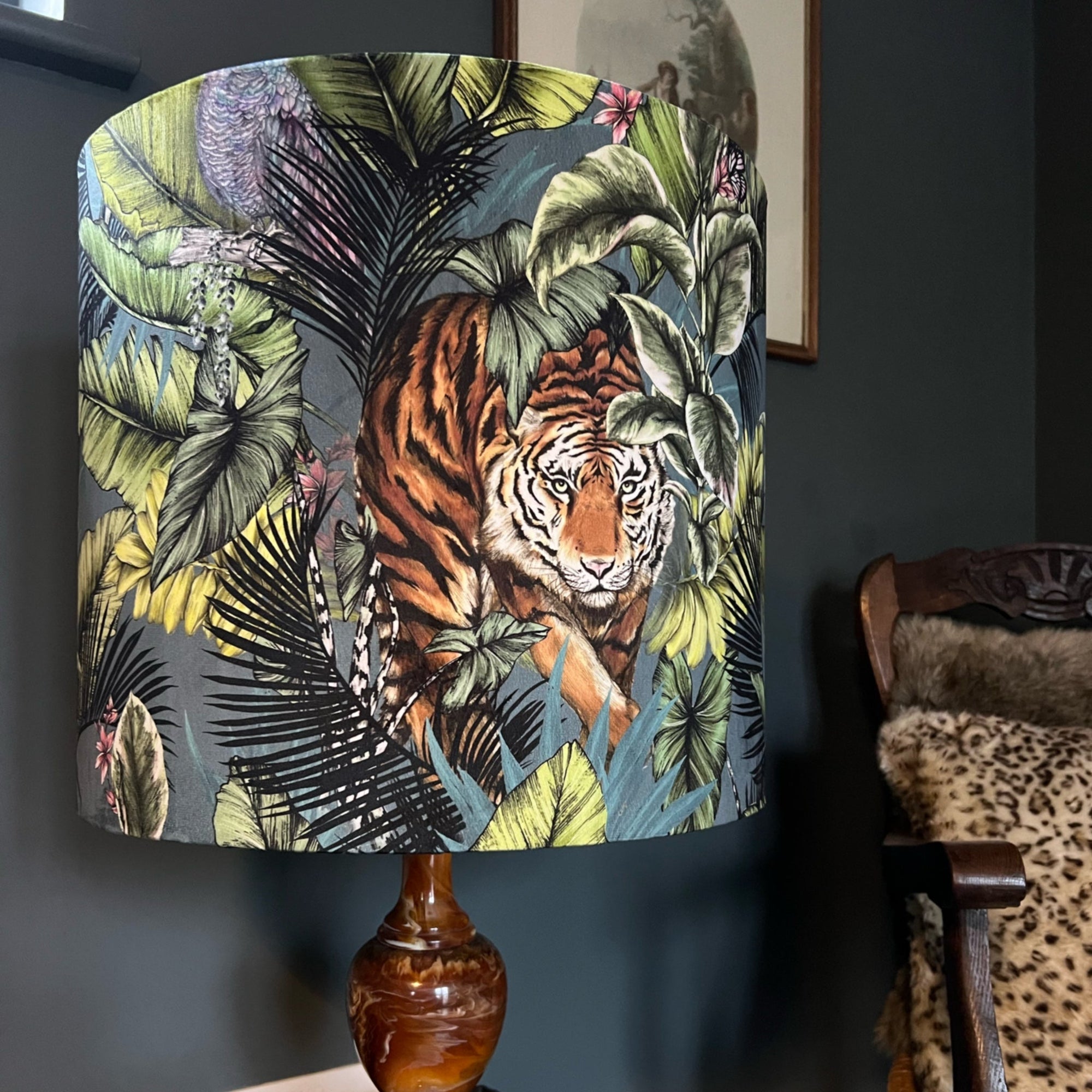 Bengal tiger velvet, drum lampshade /ceiling shade with a white lining