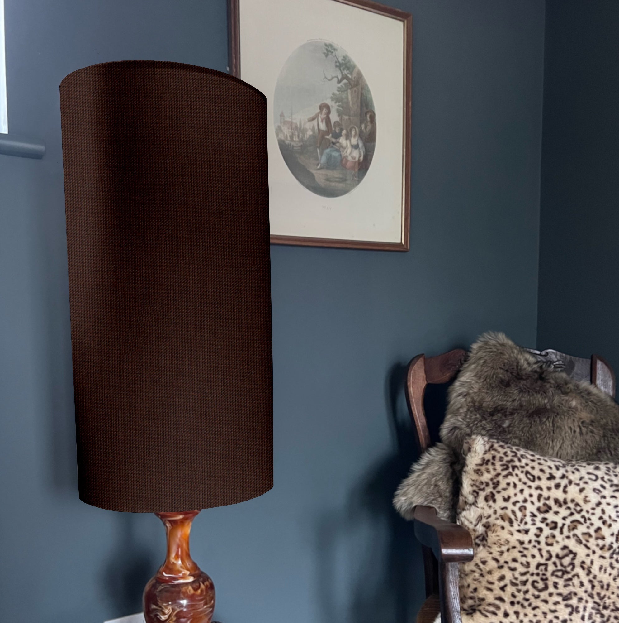 Brown Cotton Lampshade | Extra Tall Cylinder Ceiling Light Shade | Bespoke Handmade UK