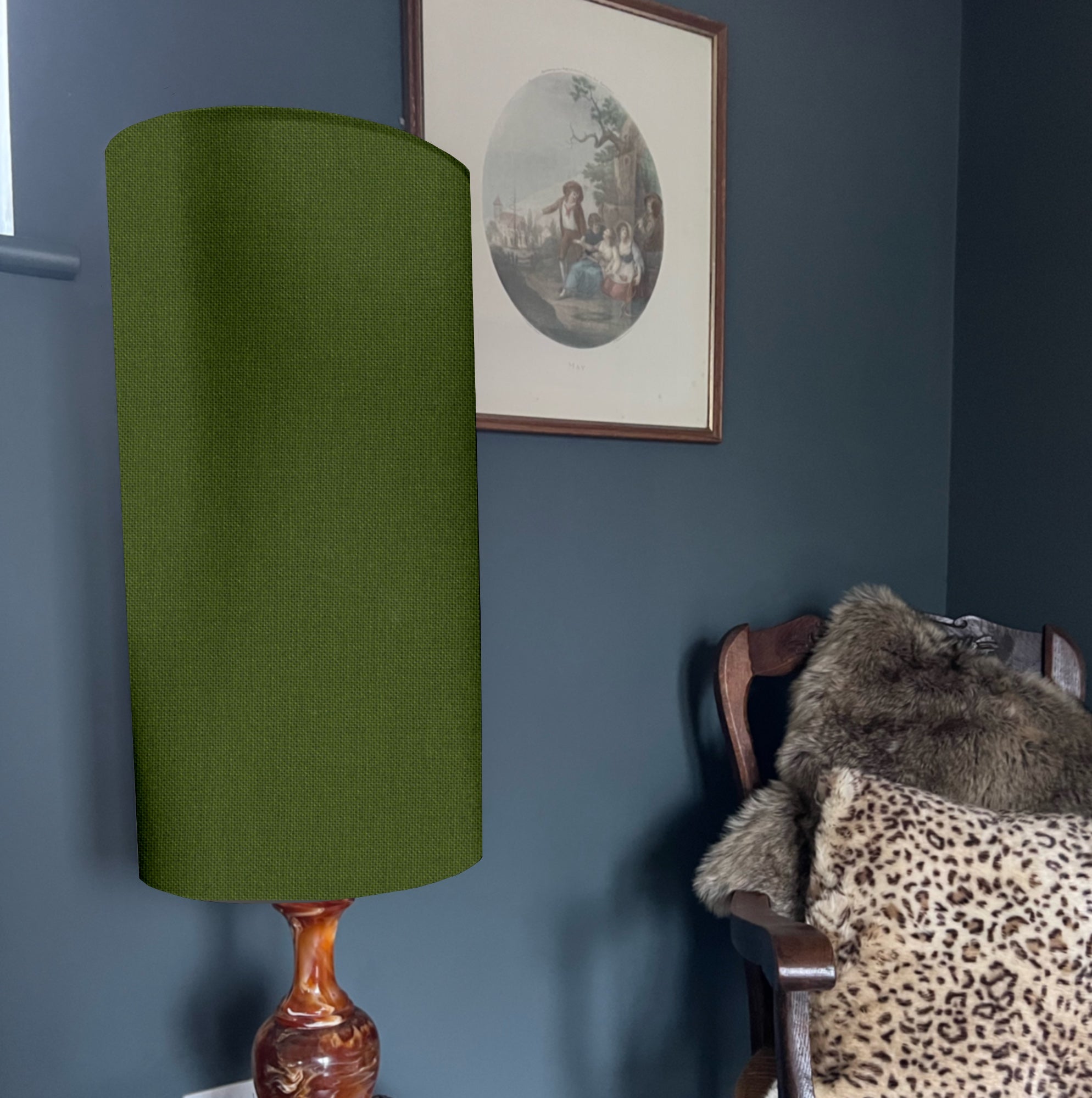 Olive Cotton Lampshade | Extra Tall Cylinder Ceiling Light Shade | Bespoke Handmade UK