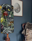 Tropical birds velvet cylinder lampshade, in grey, extra tall lampshade
