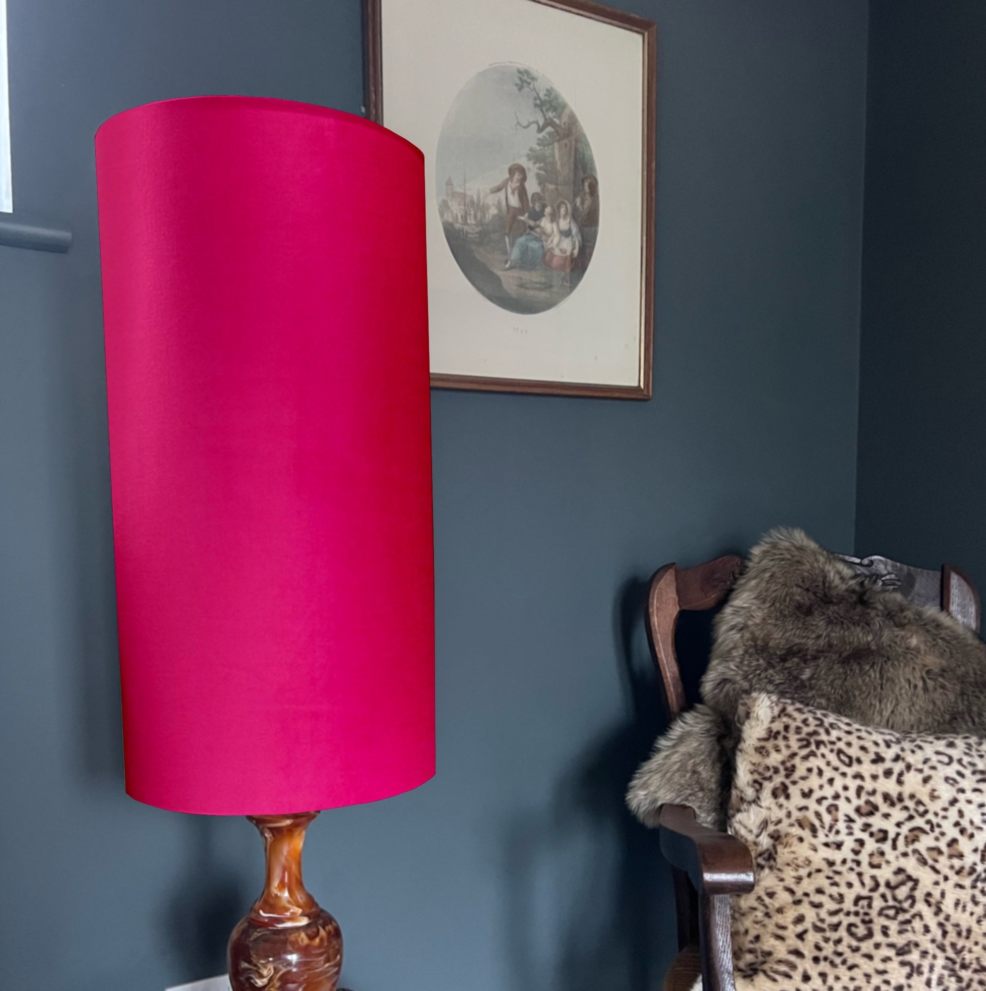 Cerise pink velvet cylinder lampshade, extra tall lampshade