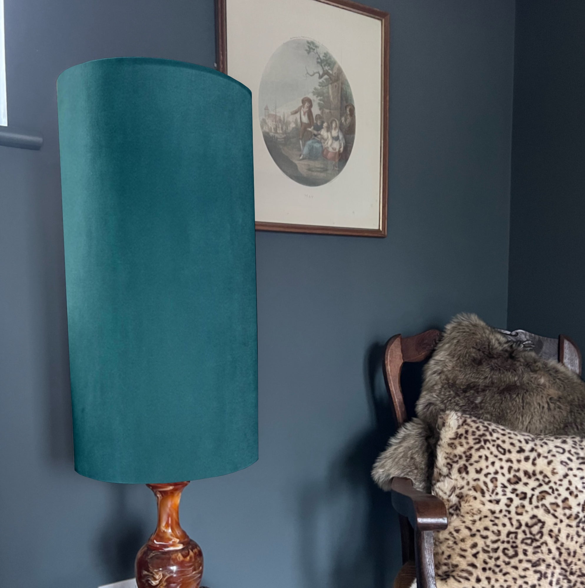 Teal Velvet cylinder lampshade, extra tall lampshade