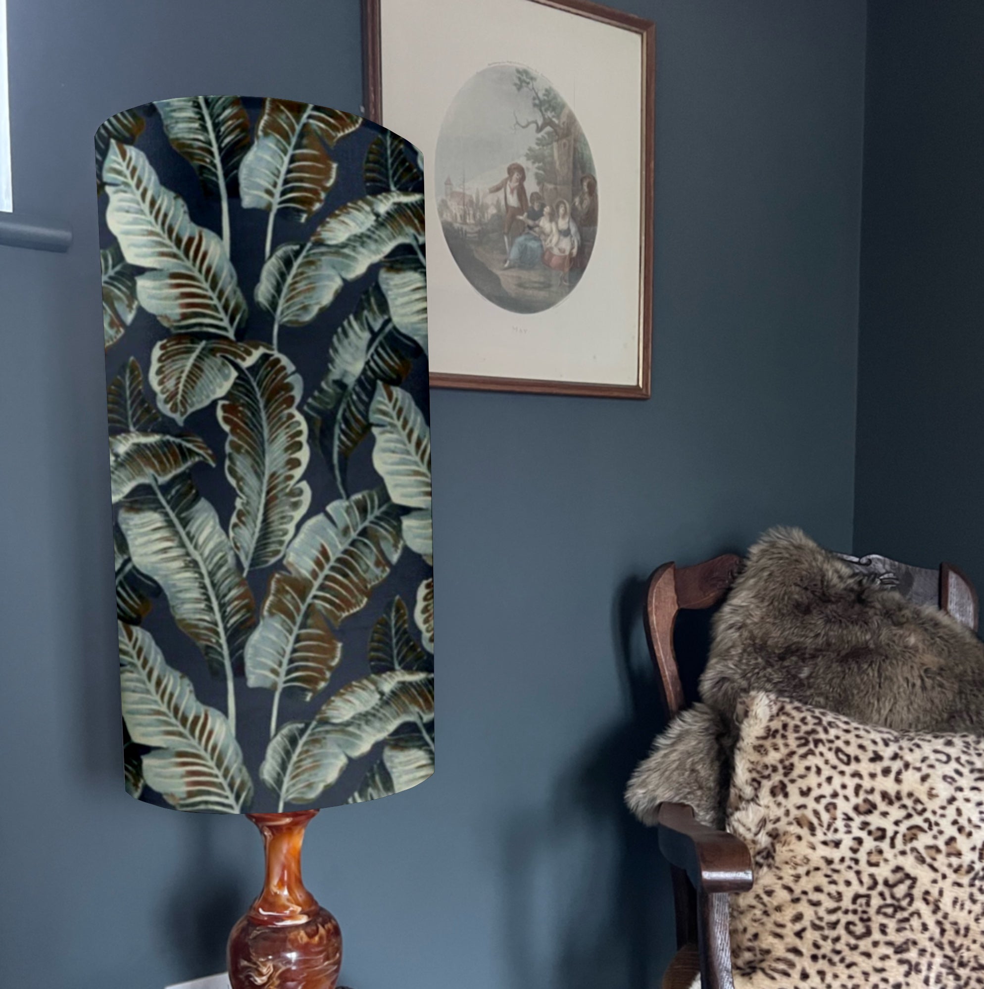 Navy Leaves Velvet cylinder lampshade, extra tall lampshade