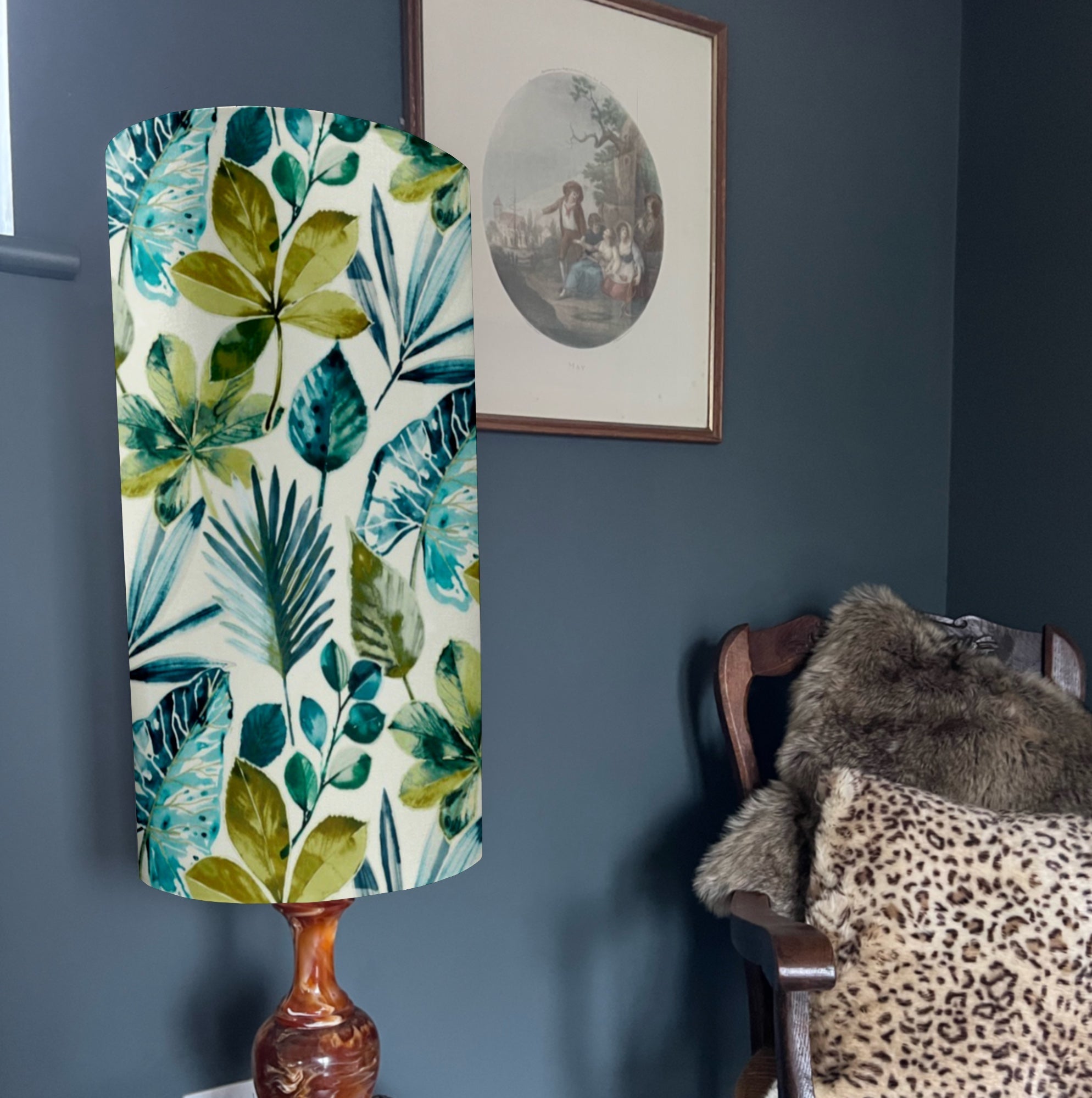 Rainforest Velvet cylinder lampshade, in blue and green, extra tall lampshade