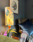 Rainforest Velvet cylinder lampshade, in blue and green, extra tall lampshade