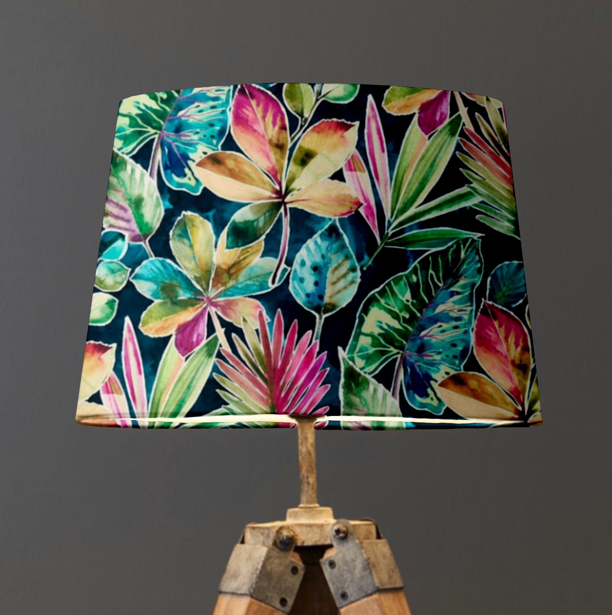 Multicoloured Rainforest Leaves Velvet French Drum Lampshade | Handmade Ceiling Light Shade | UK