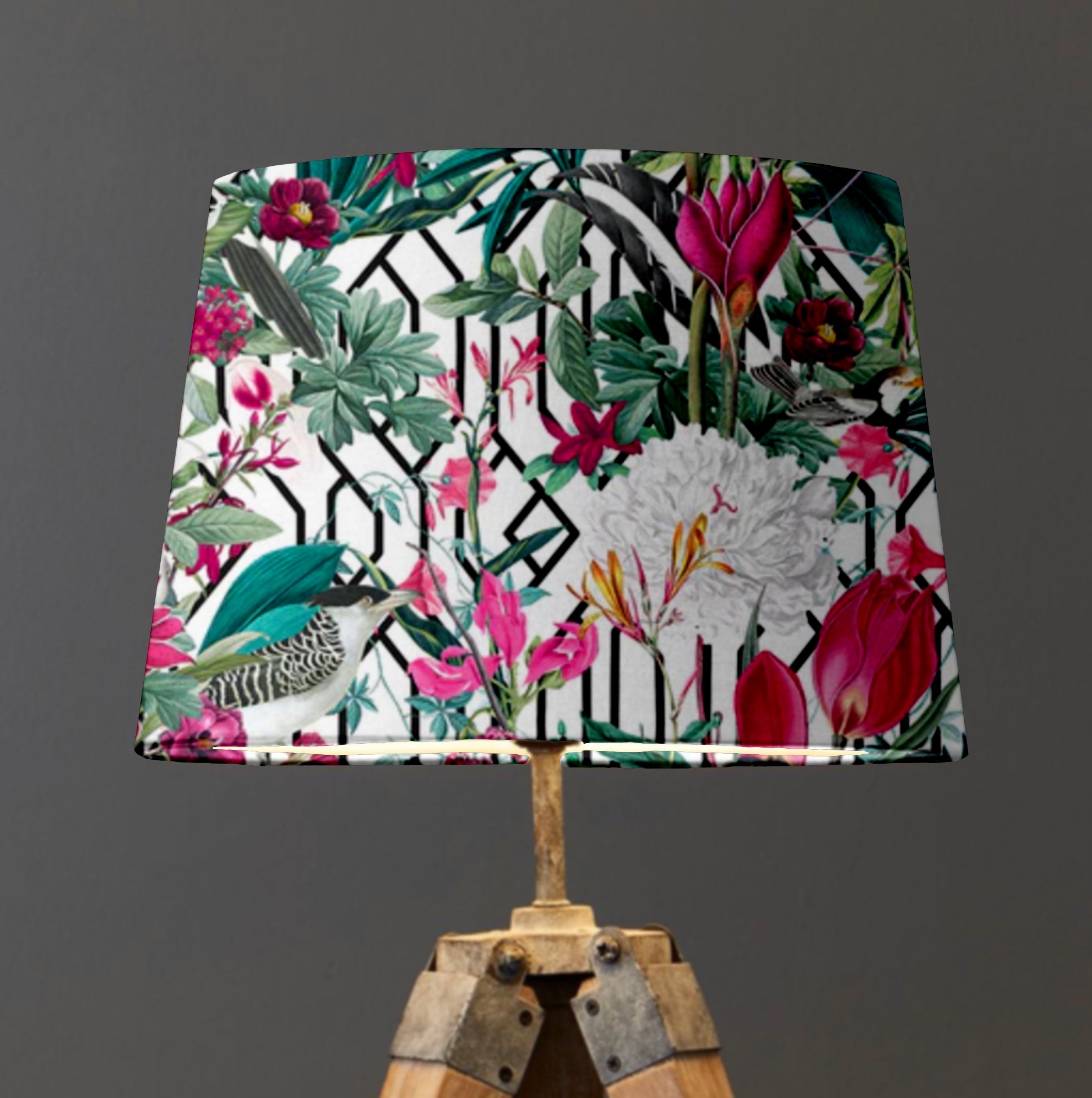 White Botanical Geometric Velvet Lampshade | French Drum Ceiling Light Shade | Bespoke Handmade Empire Lampshade