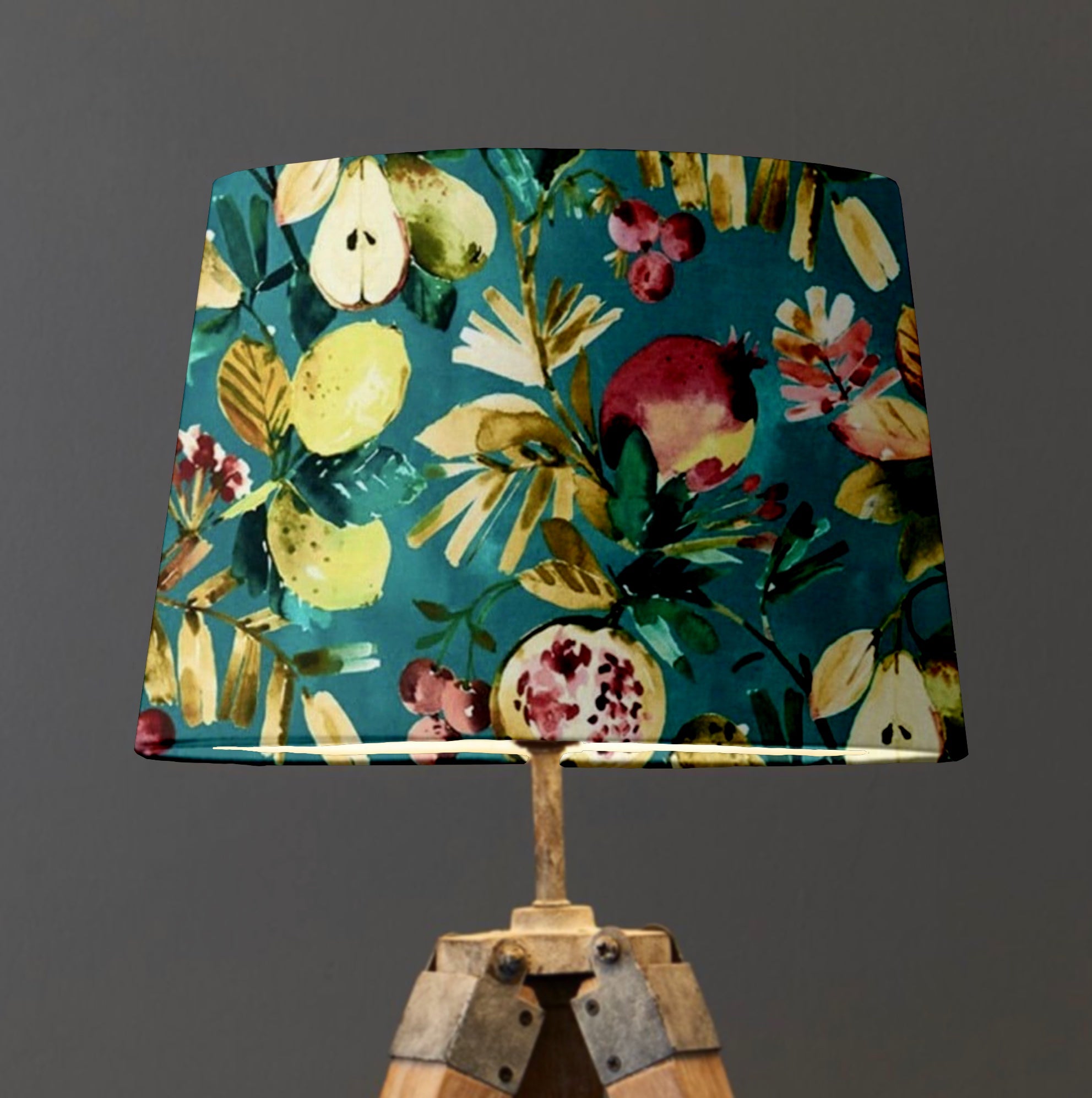 Teal Fruit Garden Velvet French Drum Lampshade | Handmade Ceiling Light Shade | UK