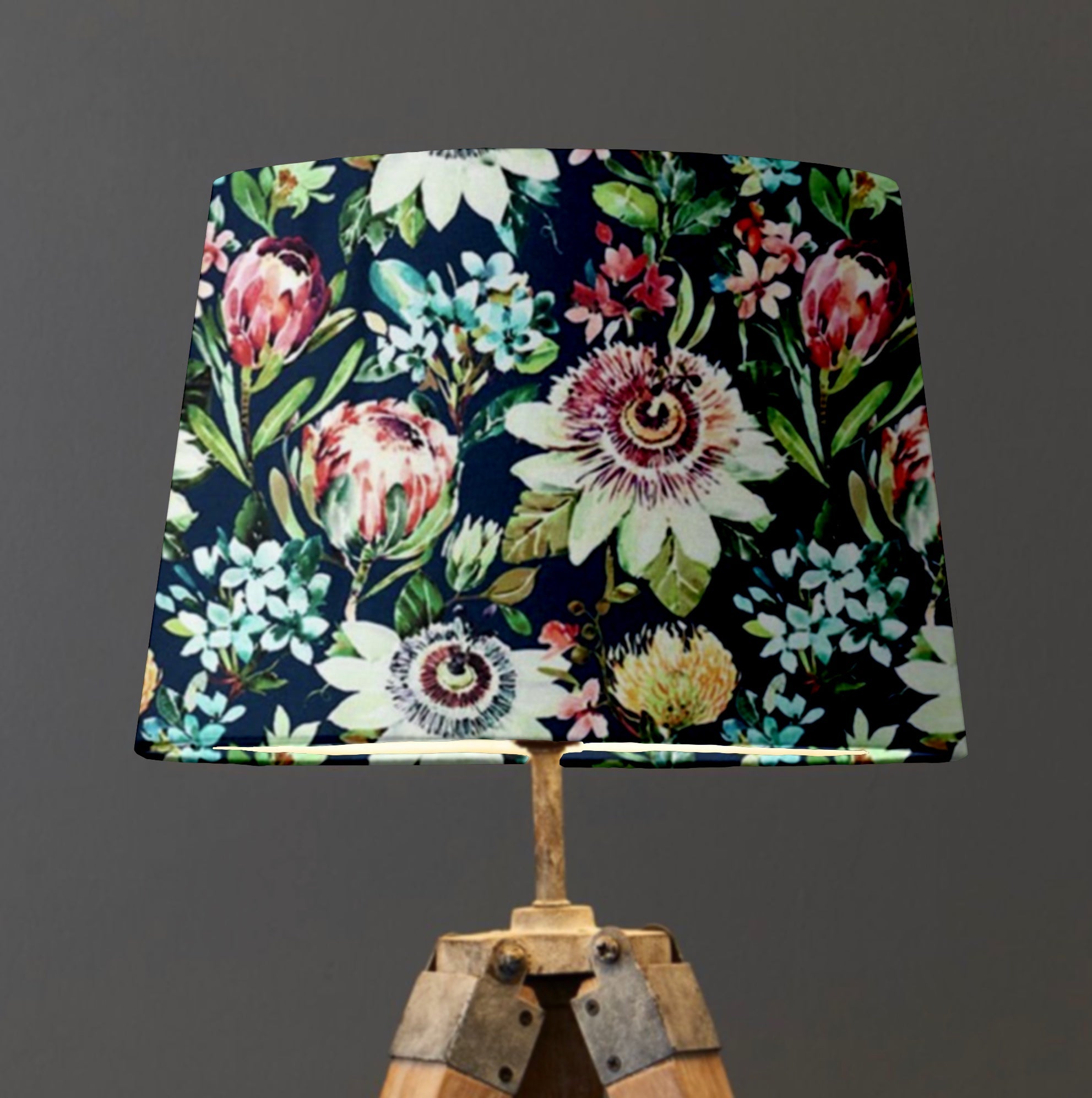 Navy Summer Garden Velvet Lampshade | French Drum Ceiling Light Shade | Bespoke Handmade Empire Lampshade