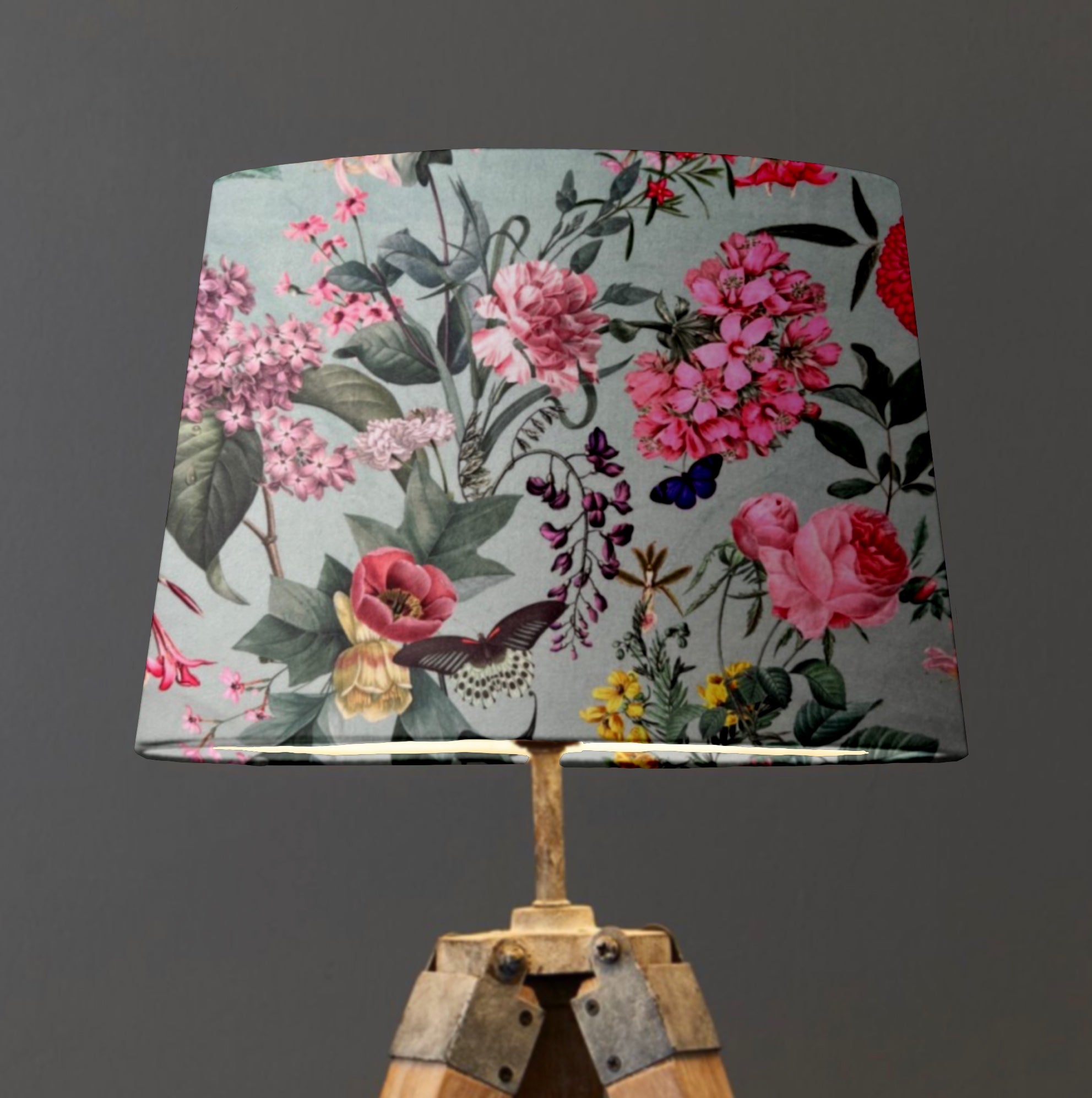 Light Blue Butterfly Floral Velvet Lampshade | French Drum Ceiling Light Shade | Bespoke Handmade Empire Lampshade