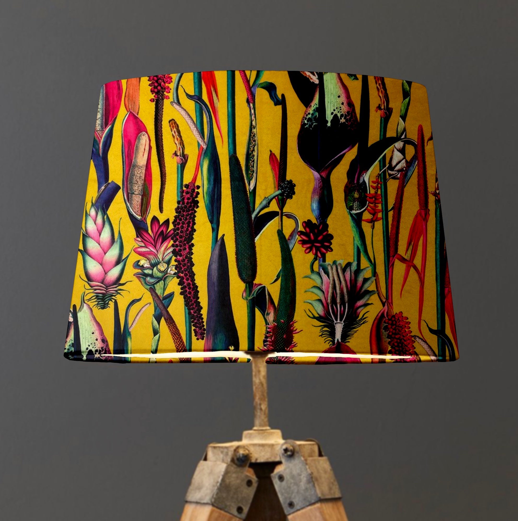 Mustard Botanical Velvet Lampshade | French Drum Ceiling Light Shade | Bespoke Handmade Empire Lampshade