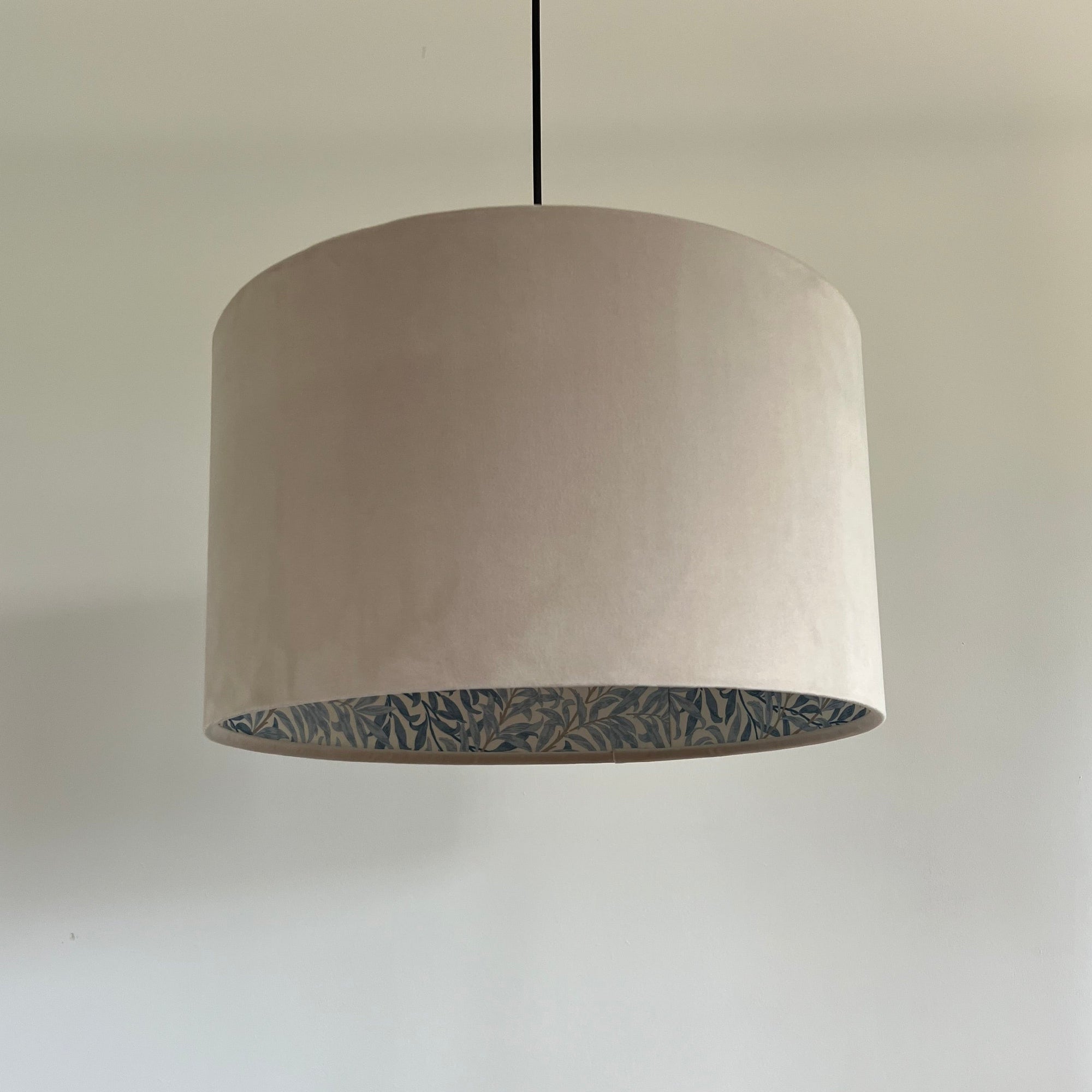 Cream Velvet &amp; William Morris Blue Willow Leaves Double Sided Drum Lampshade | Handmade Ceiling Light Shade | Bespoke UK