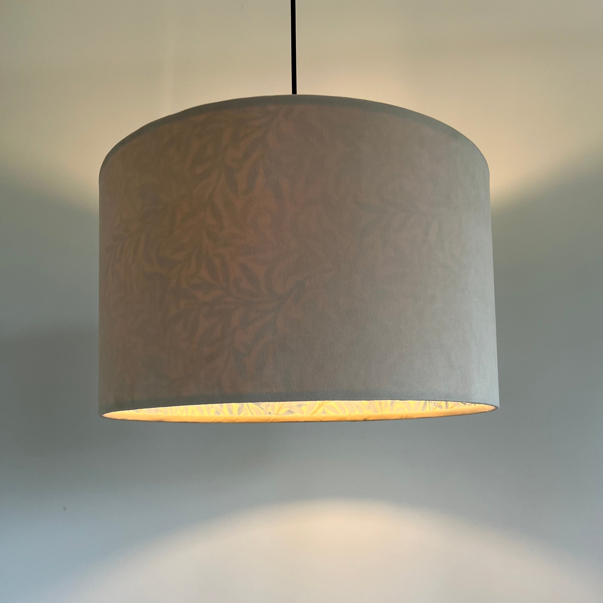 Cream Velvet &amp; William Morris Blue Willow Leaves Double Sided Drum Lampshade | Handmade Ceiling Light Shade | Bespoke UK