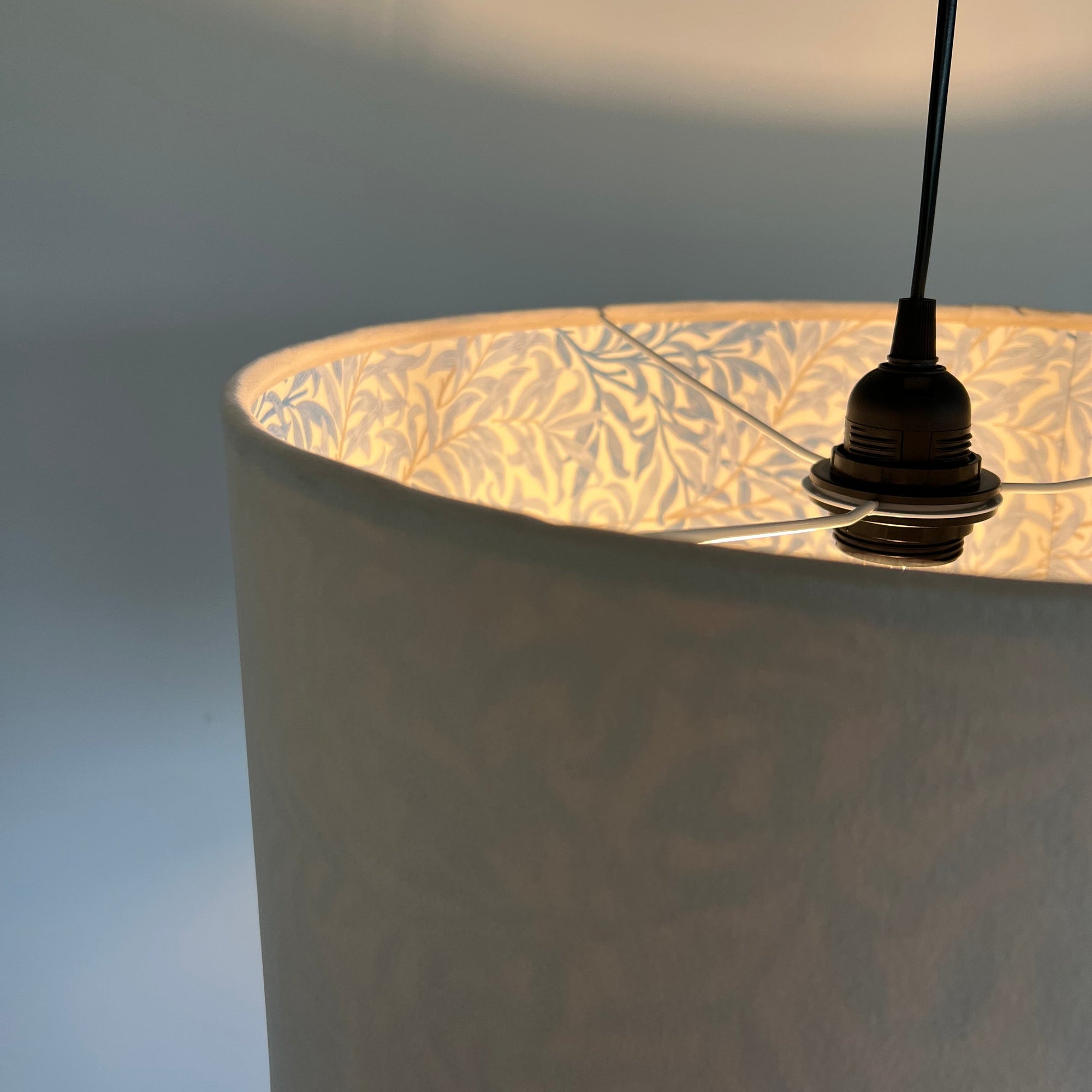 Cream Velvet &amp; William Morris Blue Willow Leaves Double Sided Drum Lampshade | Handmade Ceiling Light Shade | Bespoke UK