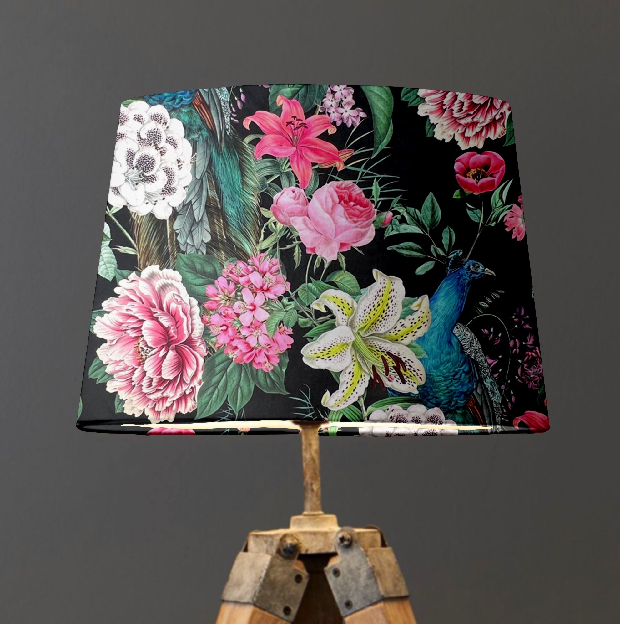 Black Peacock Floral Velvet Lampshade | French Drum Ceiling Light Shade | Bespoke Handmade Empire Lampshade