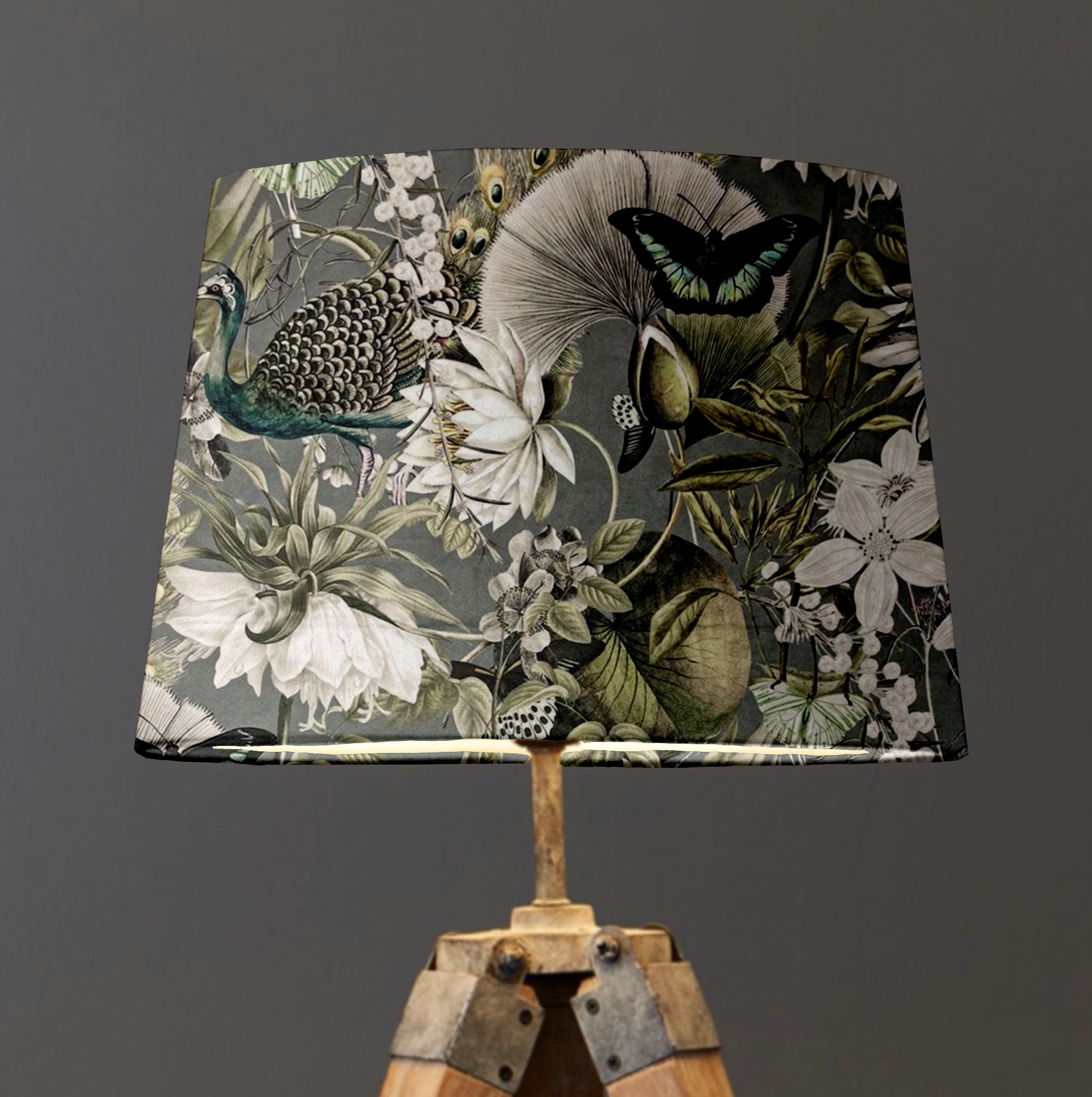 Grey Peacock Butterfly Velvet Lampshade | French Drum Ceiling Light Shade | Bespoke Handmade Empire Lampshade