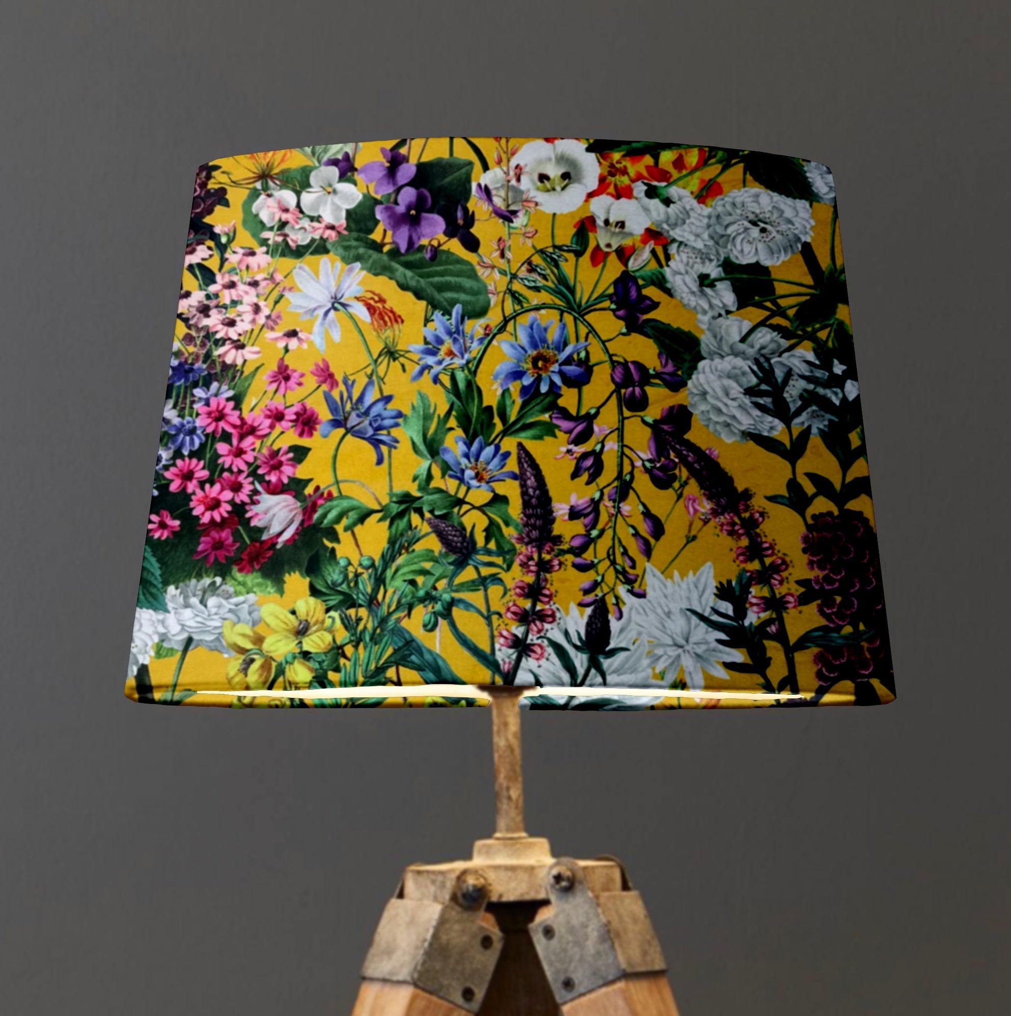 Mustard Flowers Velvet Lampshade | French Drum Ceiling Light Shade | Bespoke Handmade Empire Lampshade