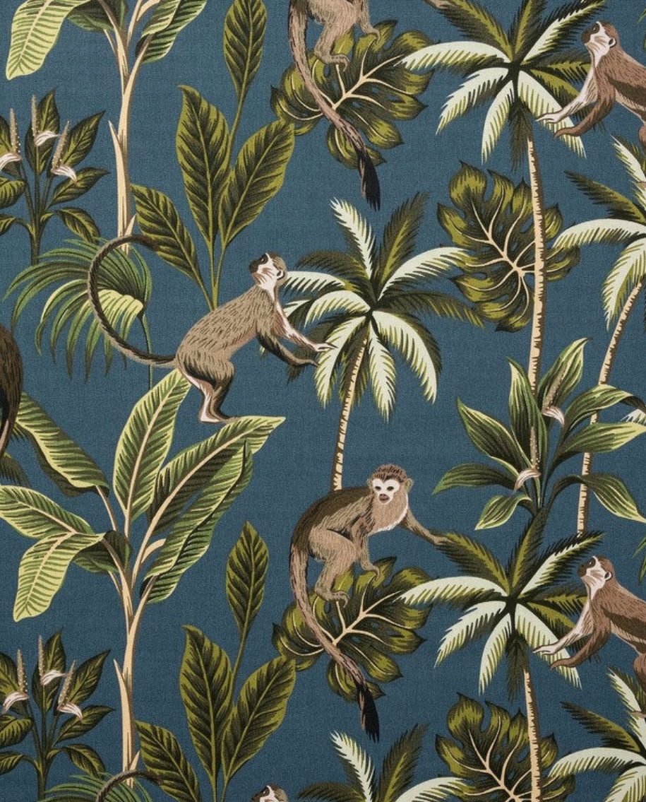 Teal Jungle Monkey Cotton French Drum Lampshade | Handmade Ceiling Light Shade | UK