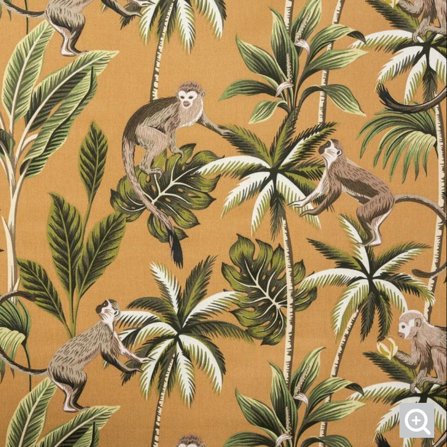 Jungle Monkey Mustard Cotton Lampshade | Extra Tall Cylinder Ceiling Light Shade | Bespoke Handmade UK