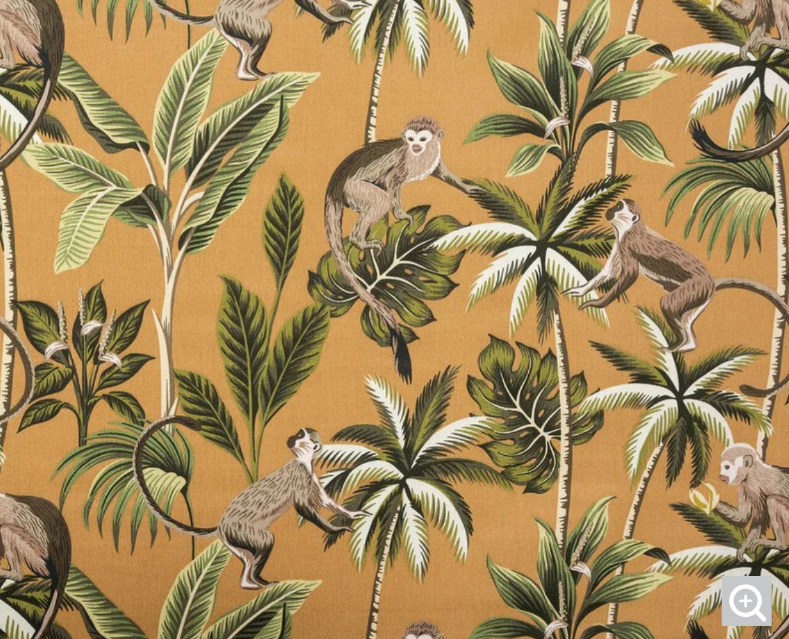 Jungle monkey cotton, in mustard, drum lampshade /ceiling shade with a white lining