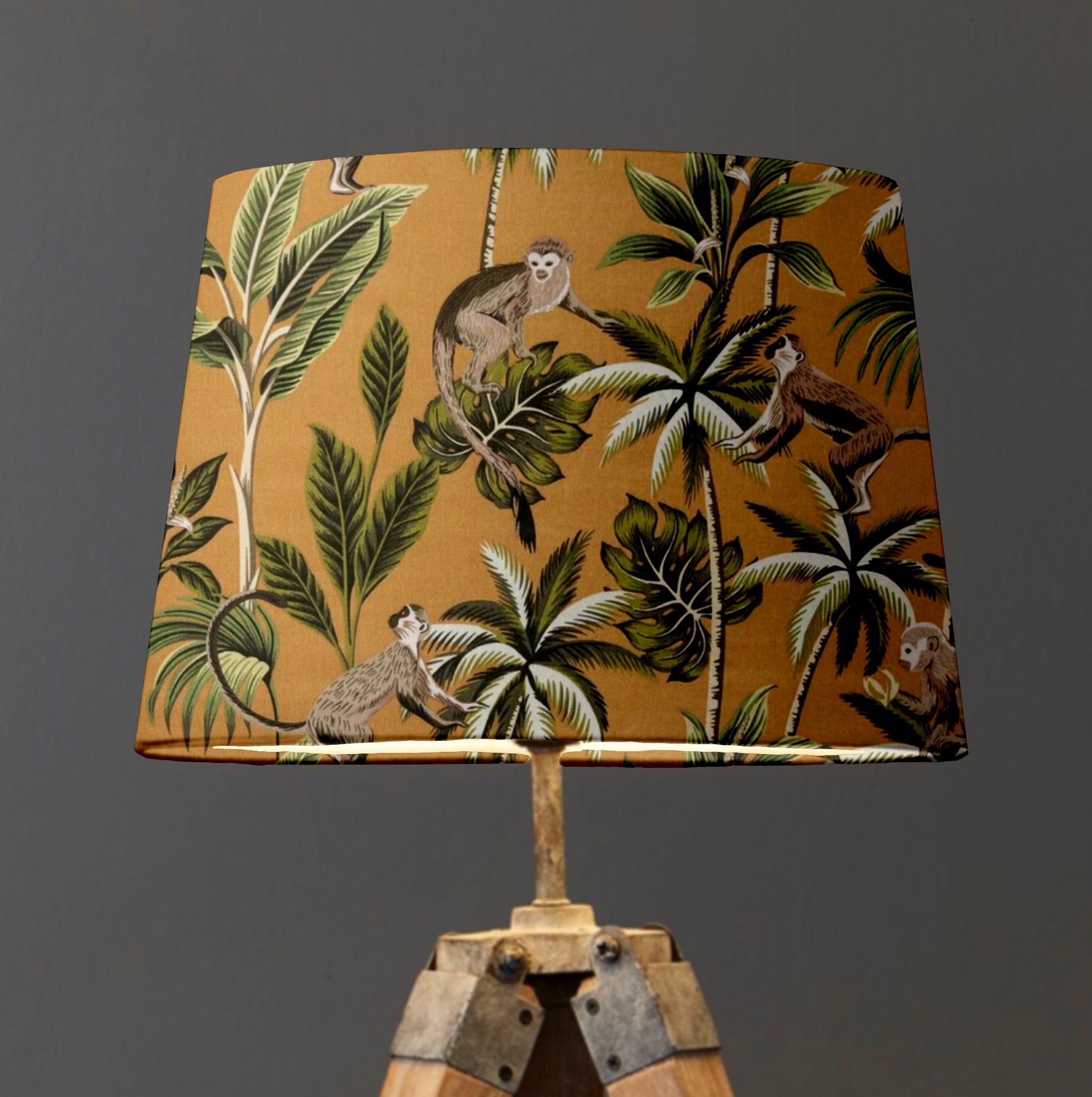 Mustard Jungle Monkey Cotton French Drum Lampshade | Handmade Ceiling Light Shade | UK