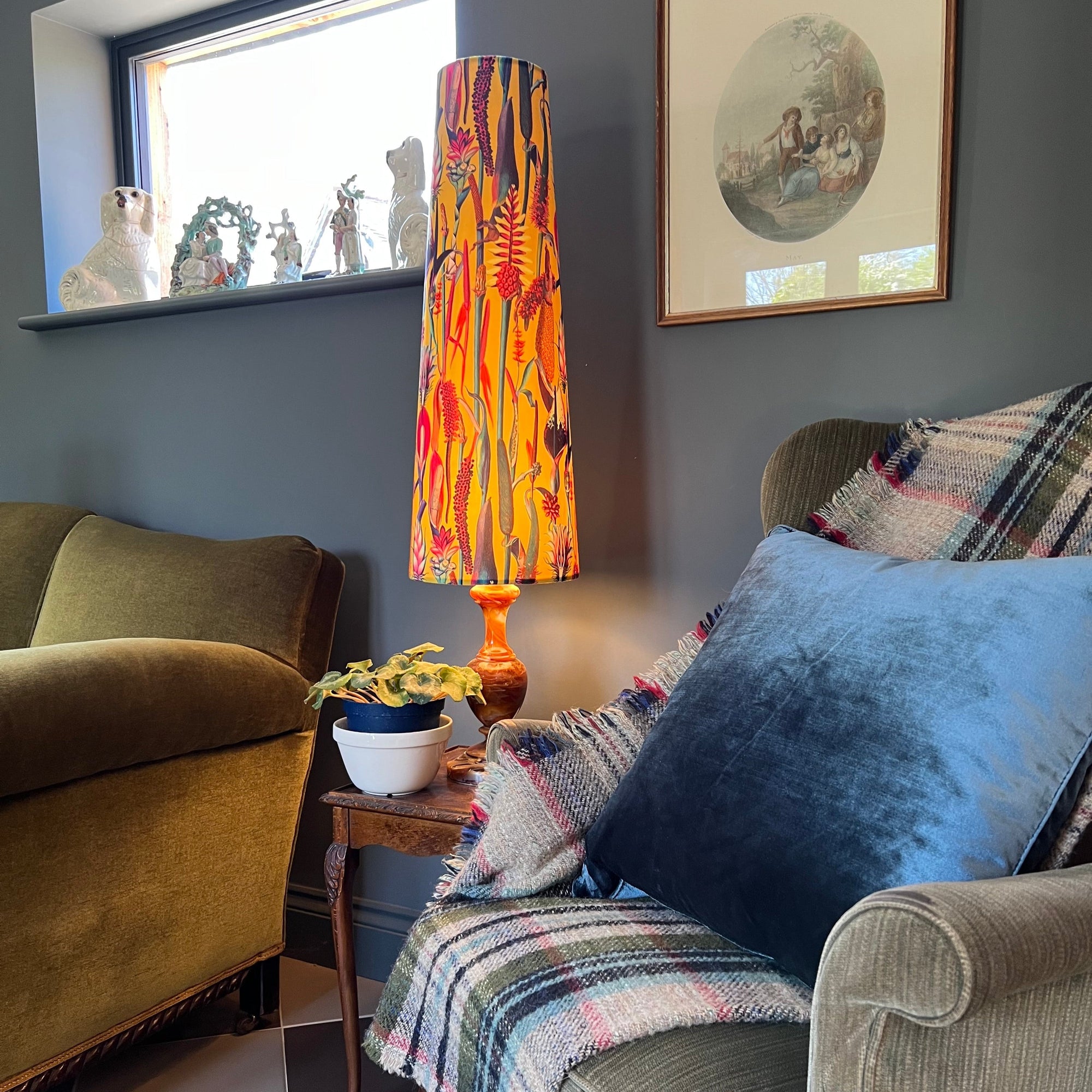 Botanical mustard velvet cone lampshade, extra tall lampshade
