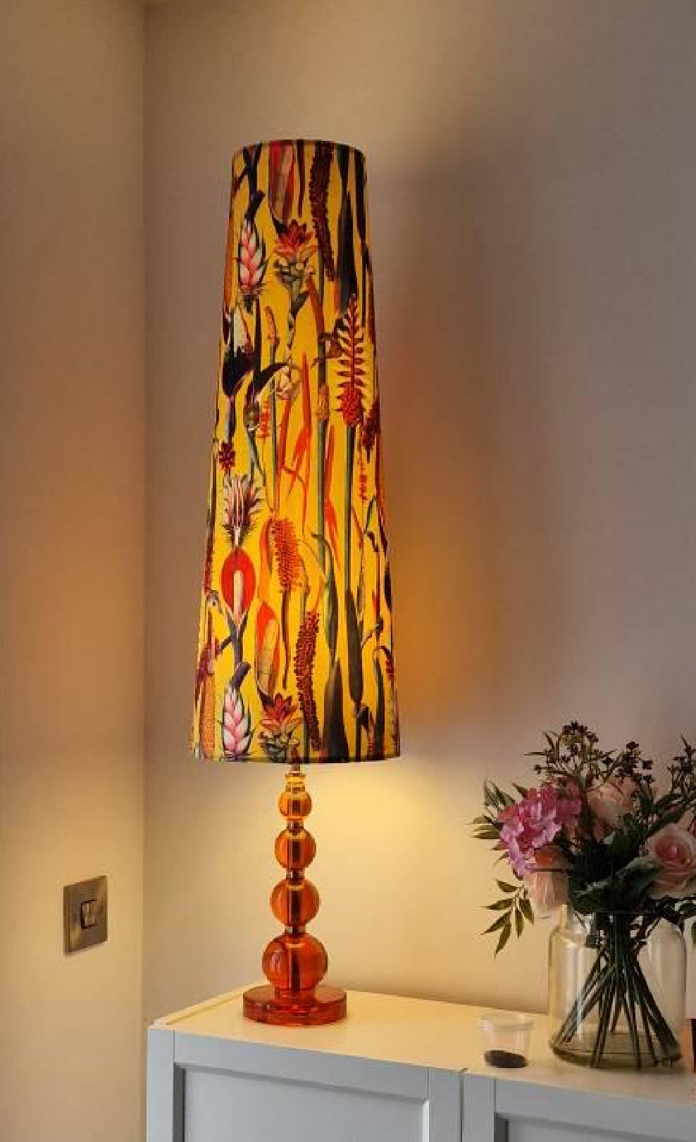 Botanical mustard velvet cone lampshade, extra tall lampshade