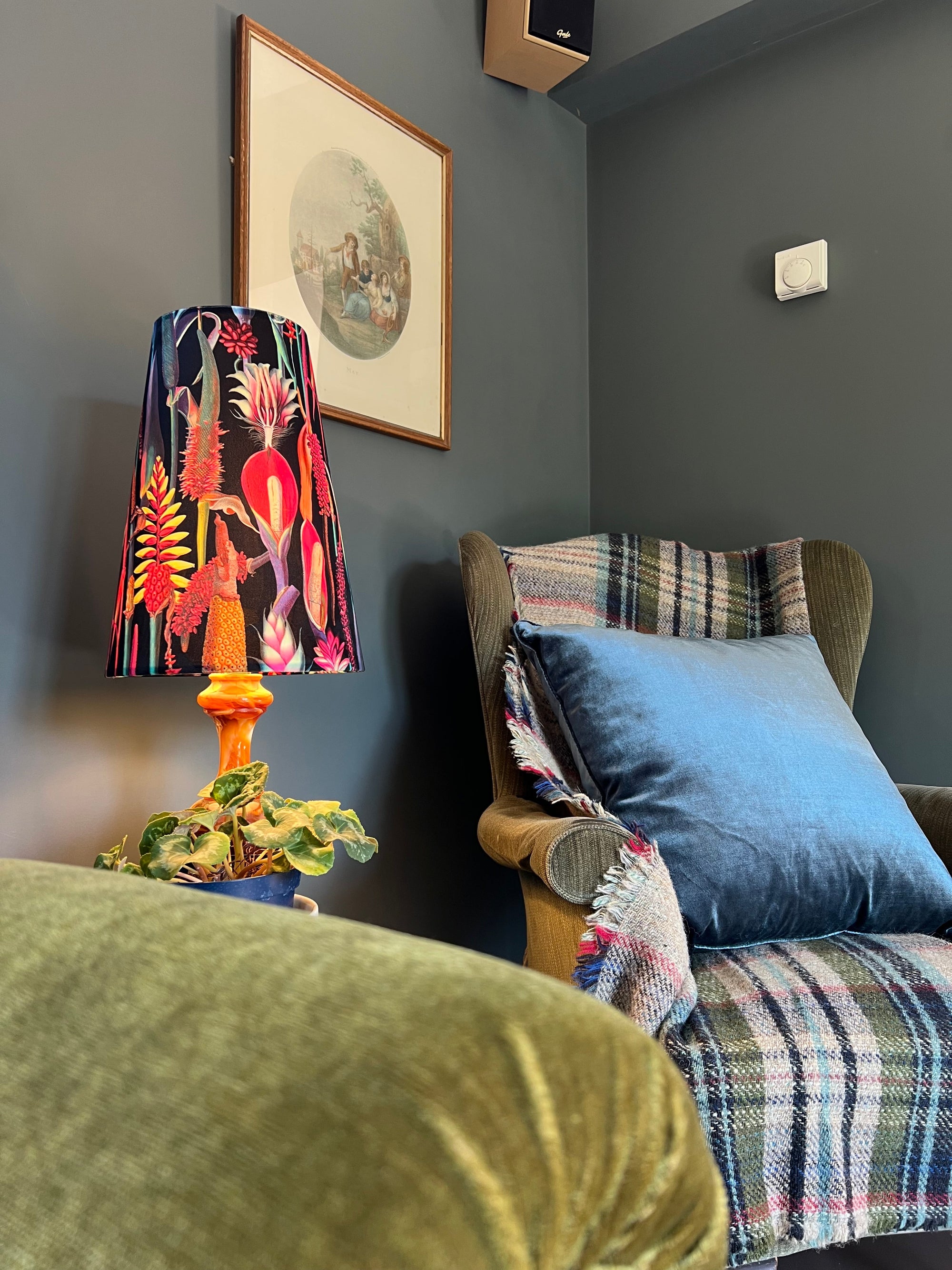 Botanical black velvet cone lampshade, extra tall lampshade