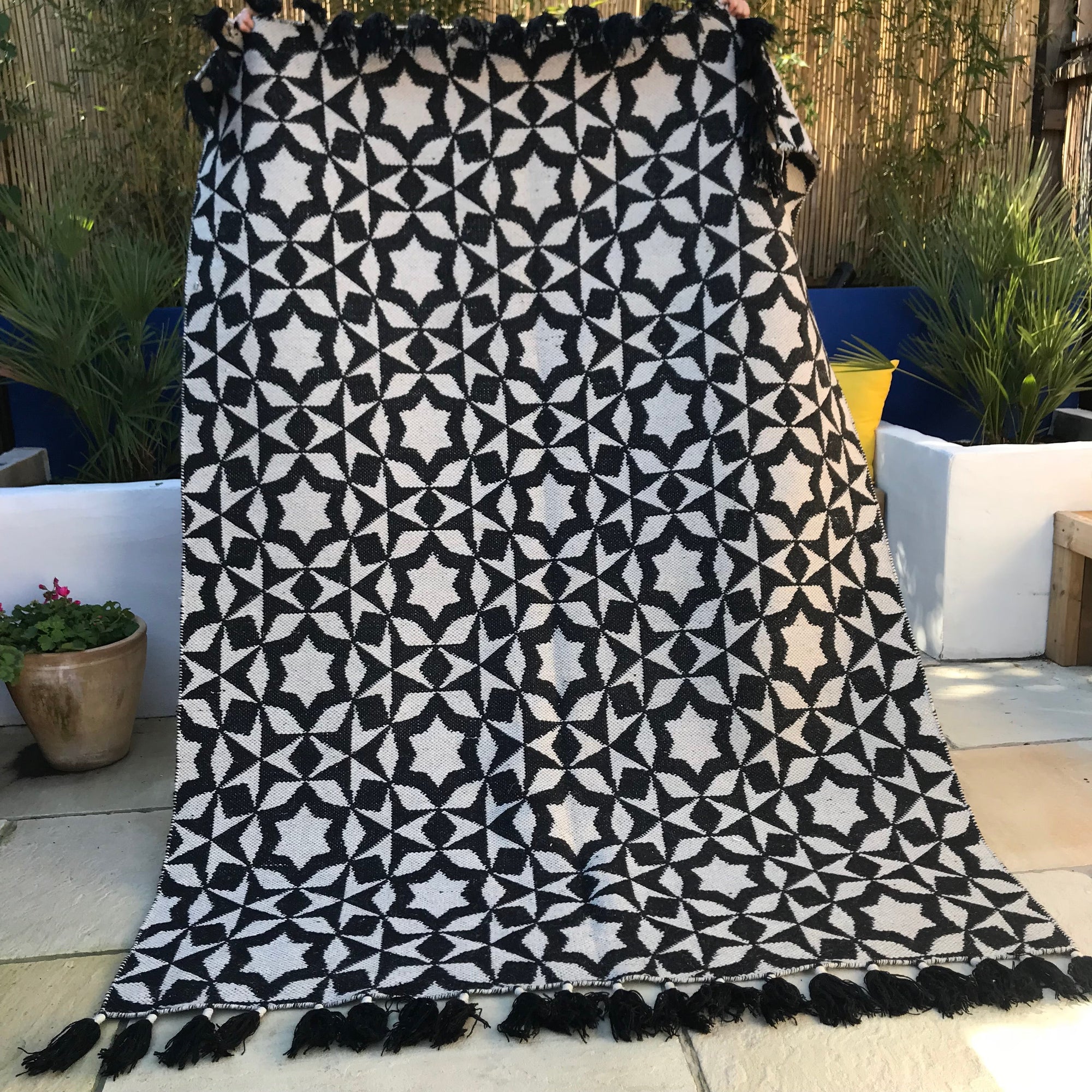 Premium monochrome flat weave rug, handmade in India, pure wool, geometric design, neutral tones, large edge tassels, 170x240cm by Maria Starling Design at brixbailey.com